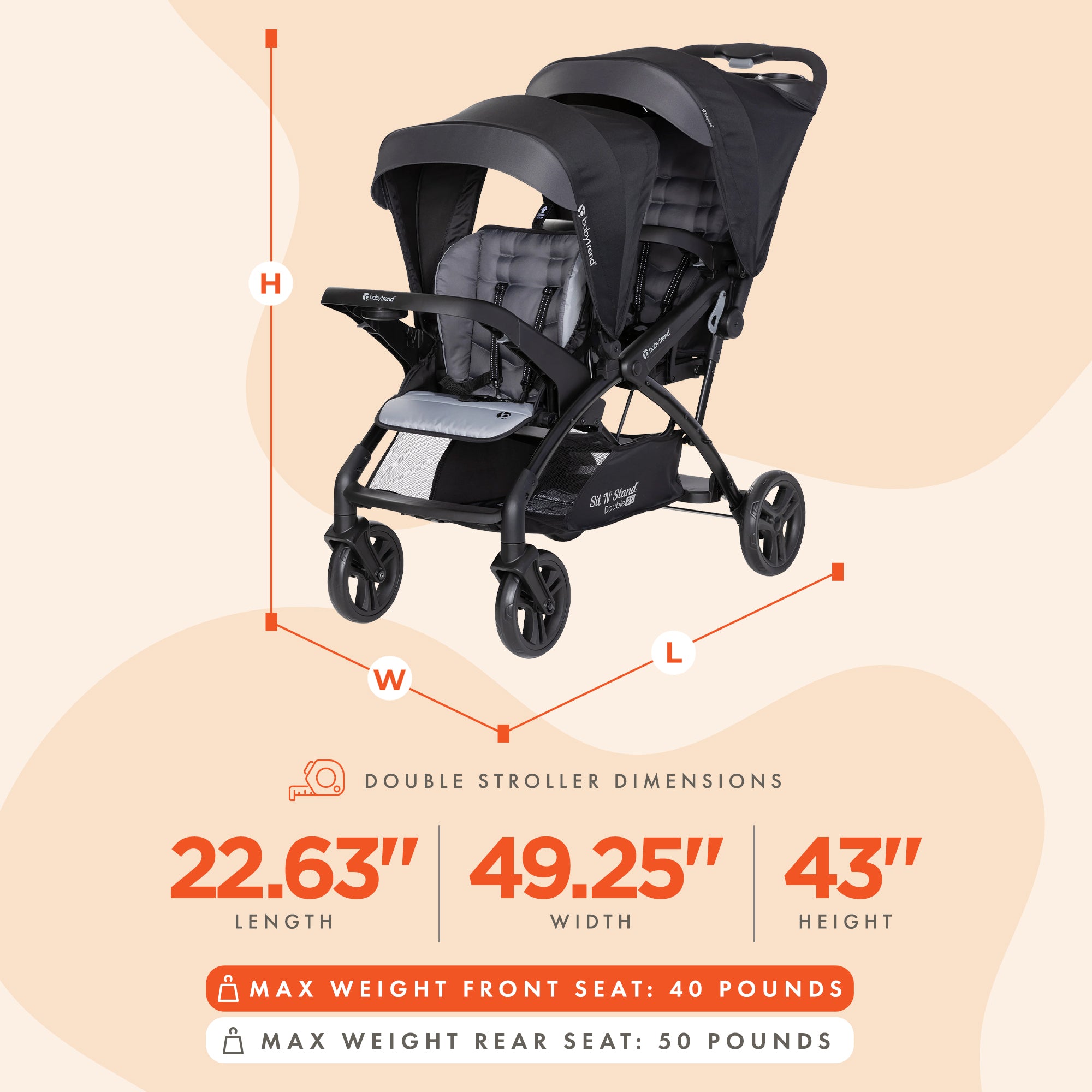 Baby Trend Sit N' Stand Double Stroller 2.0 DLX w/5 Point Safety Harness, Stormy - Smart-nests