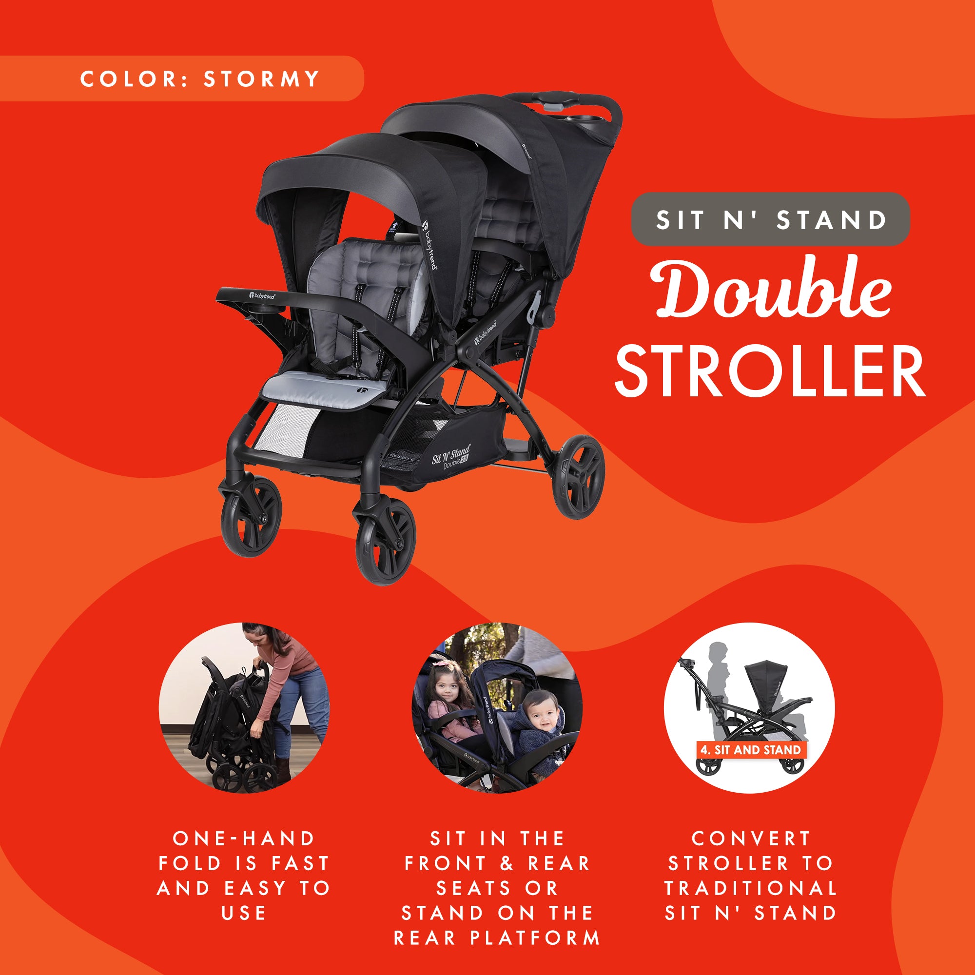 Baby Trend Sit N' Stand Double Stroller 2.0 DLX w/5 Point Safety Harness, Stormy - Smart-nests