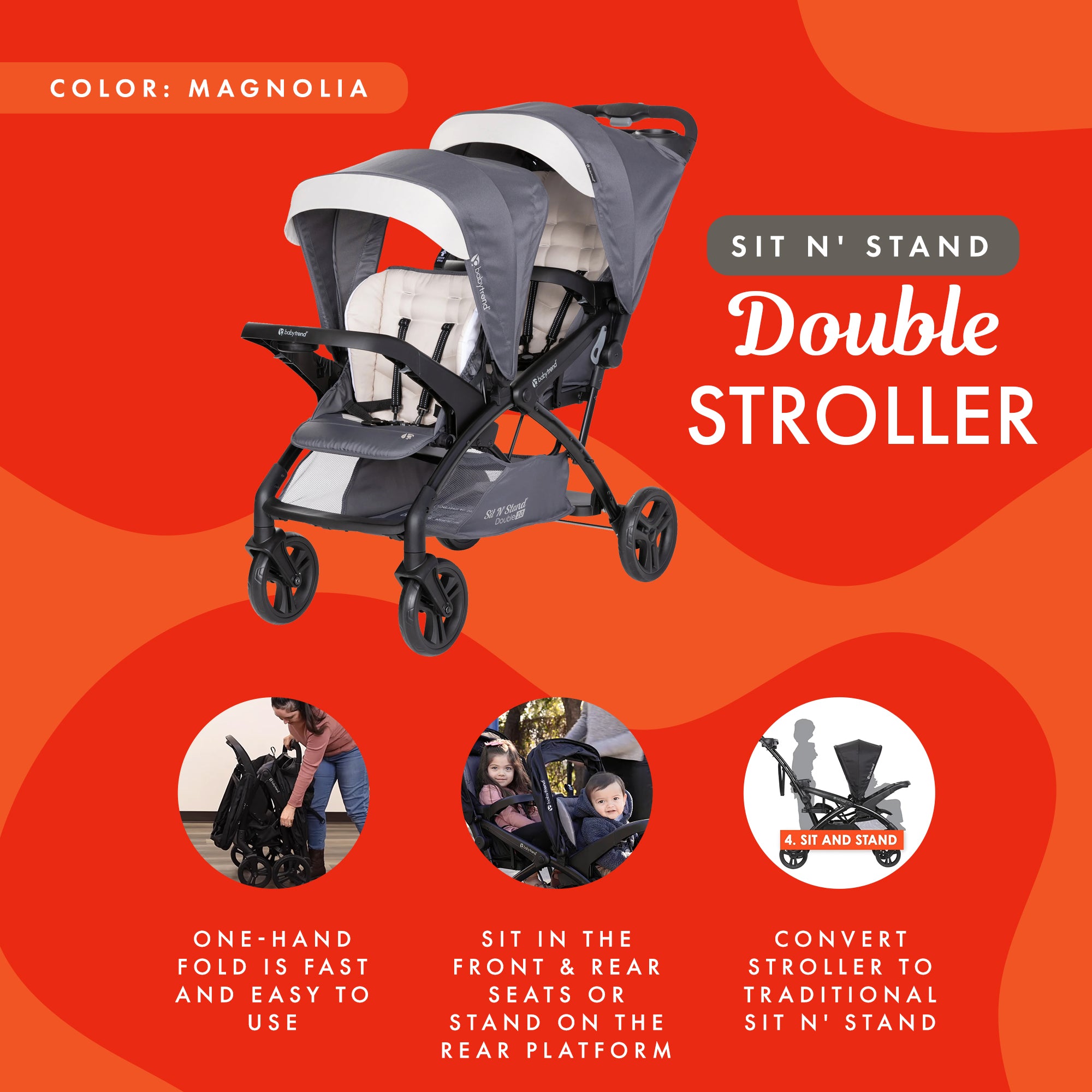 Baby Trend Sit N' Stand Double Stroller 2.0 DLX with 5 Point Harness, Magnolia - Smart-nests