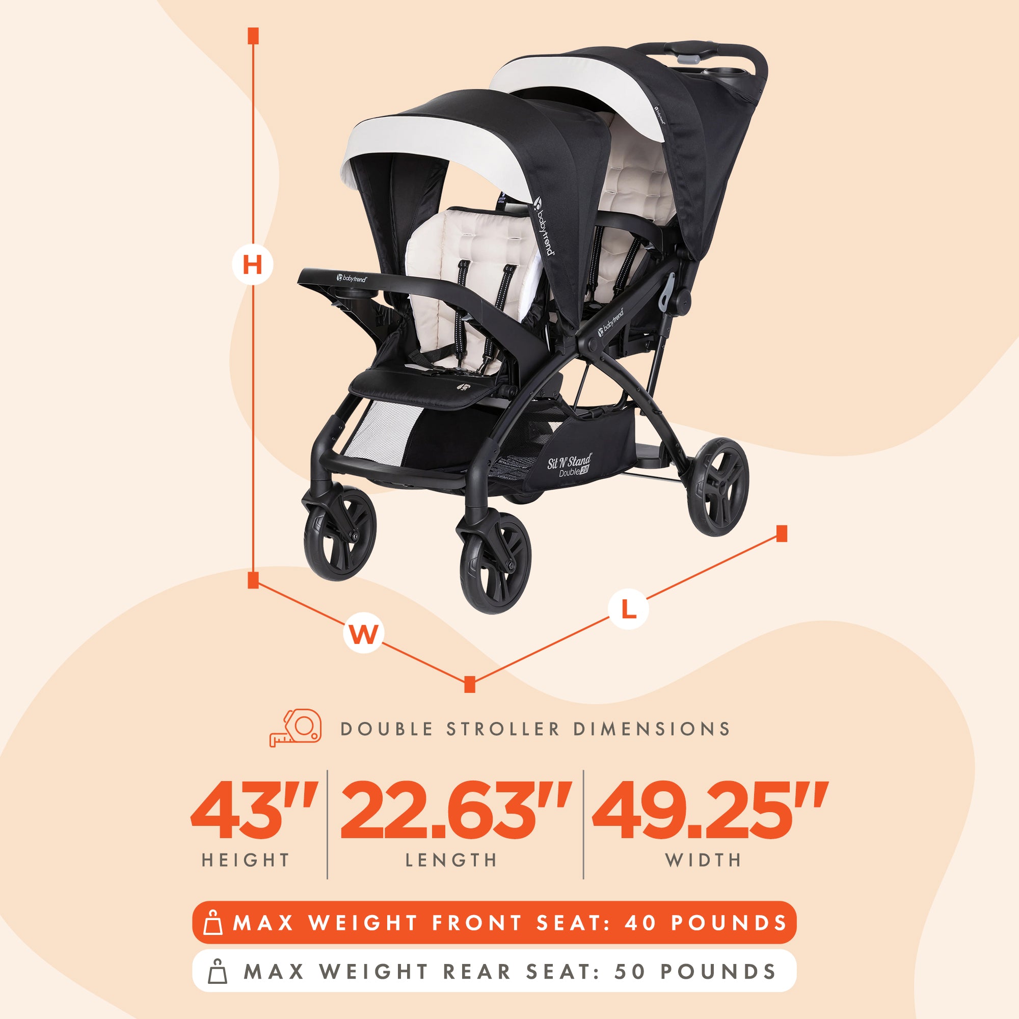 Baby Trend Sit N' Stand Double Stroller 2.0 DLX w/5 Point Harness, Modern Khaki - Smart-nests