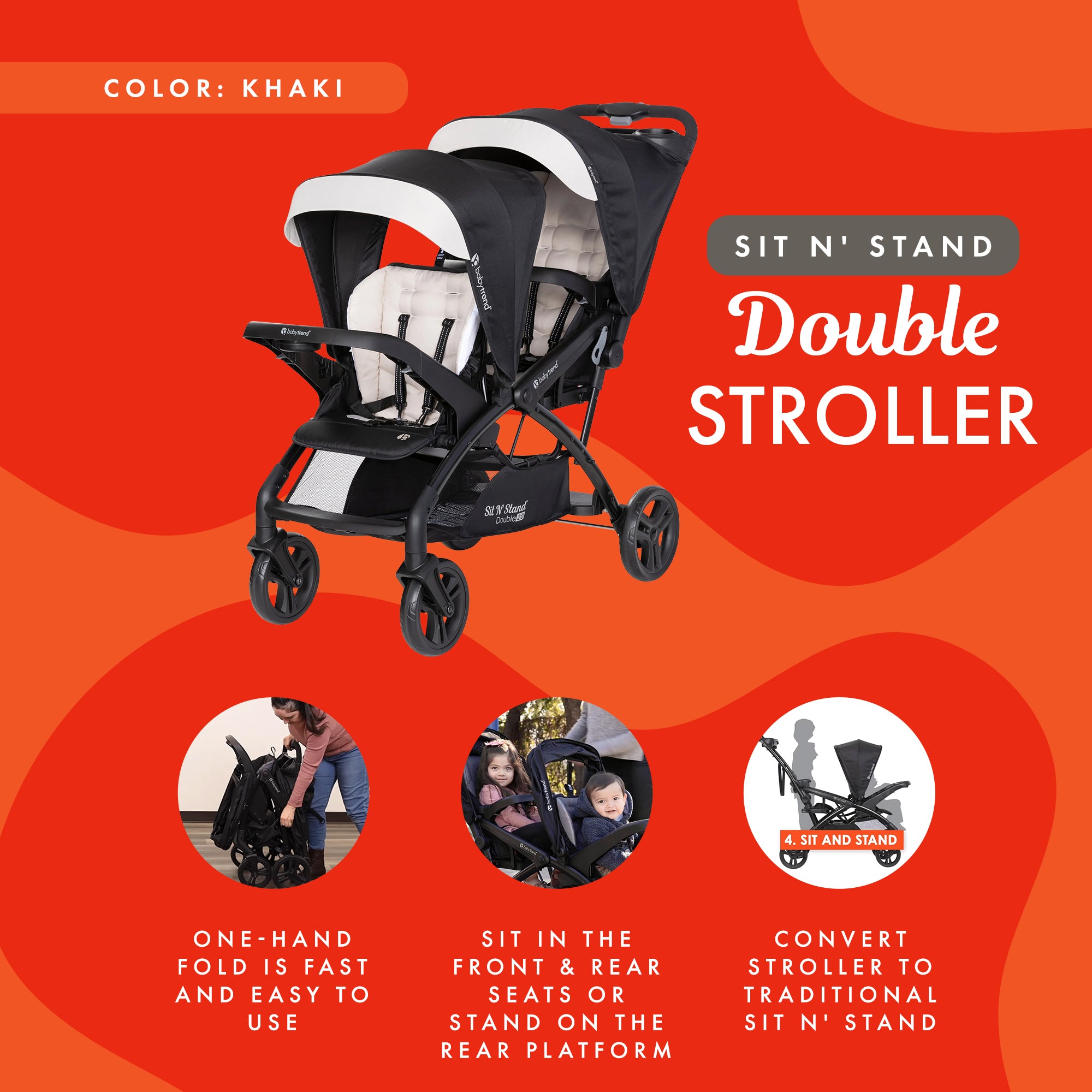 Baby Trend Sit N' Stand Double Stroller 2.0 DLX w/5 Point Harness, Modern Khaki - Smart-nests