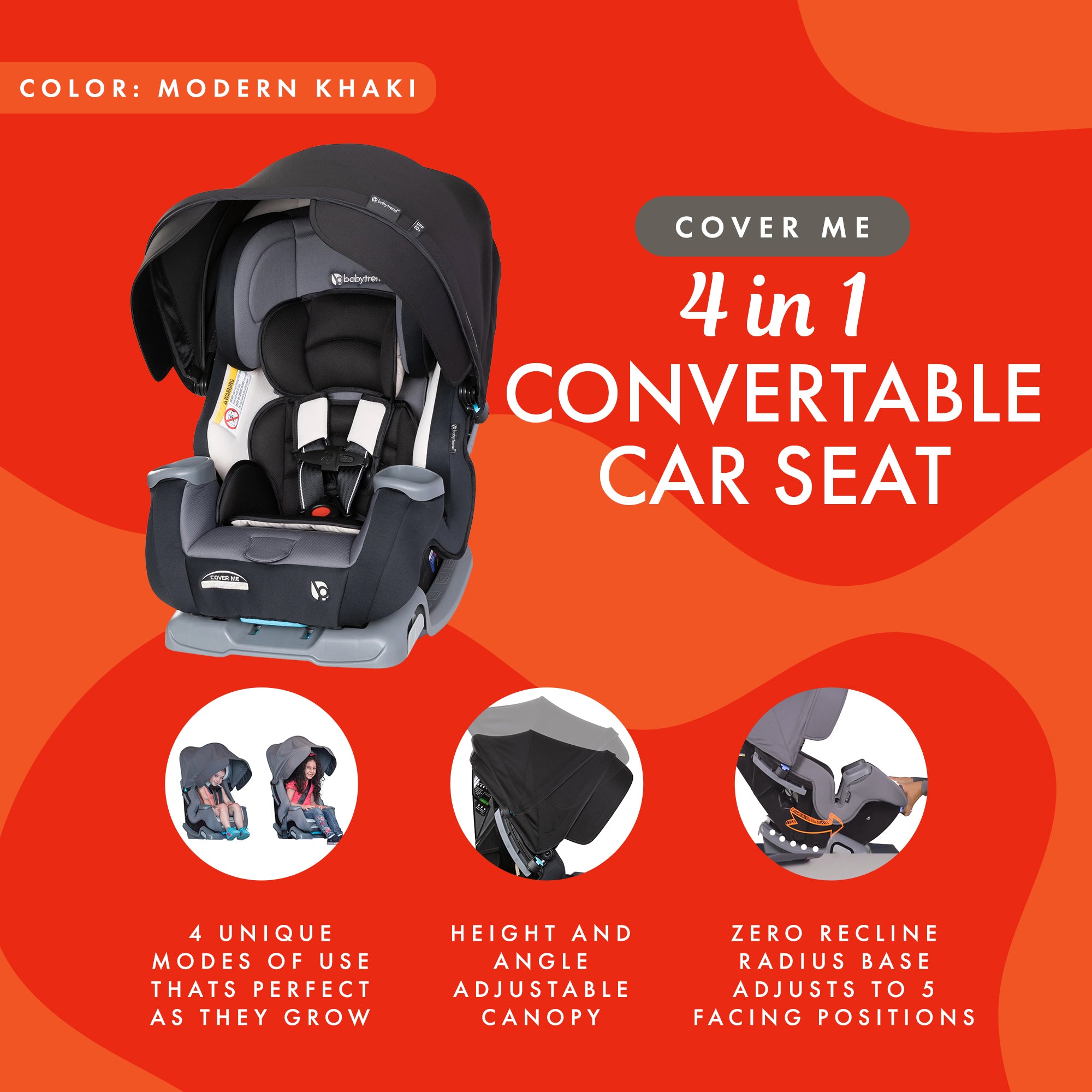 Baby Trend Cover Me 4 in 1 Convertible Car Seat with Adjustable Canopy, Black - Smart-nests