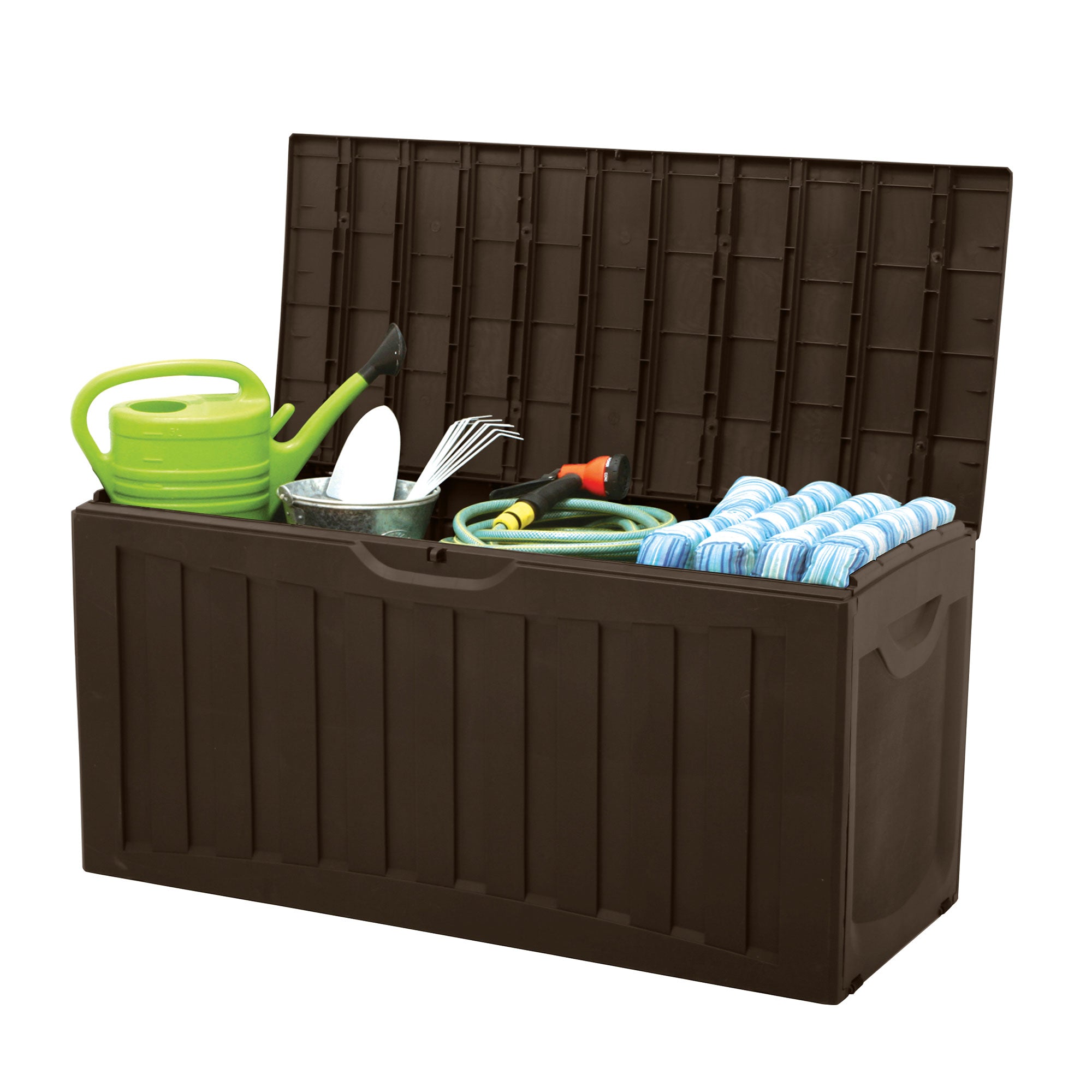 Ram Quality Products Plastic 90 Gal Outdoor Locking Storage Bin Deck Box, Brown - Smart-nests