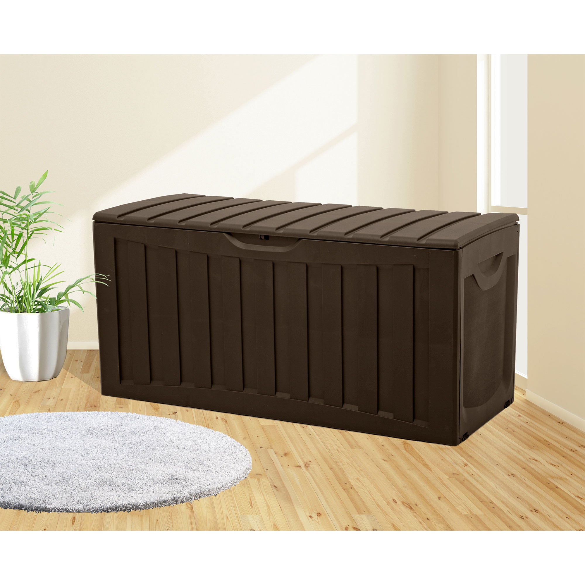 Ram Quality Products Plastic 90 Gal Outdoor Locking Storage Bin Deck Box, Brown - Smart-nests