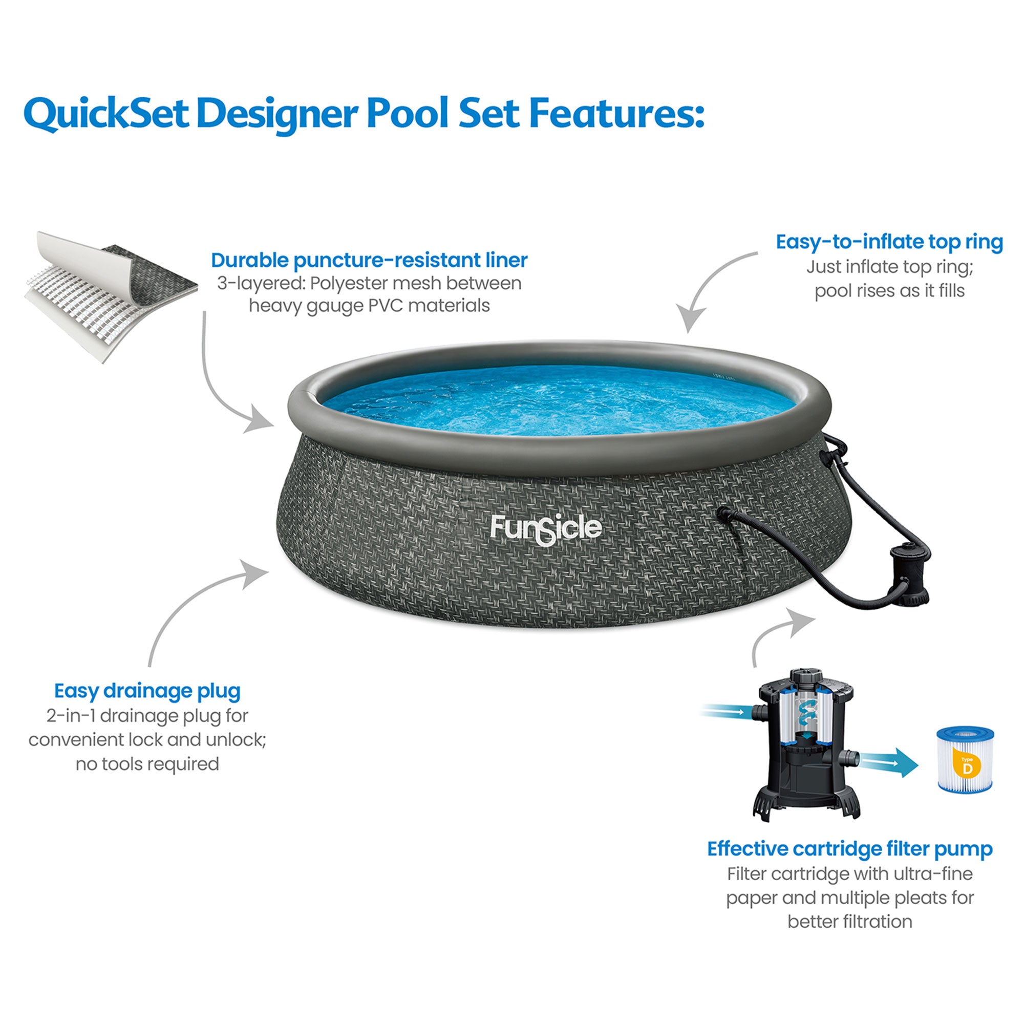 Funsicle 12' x 36" QuickSet Ring Top Above Ground Swimming Pool, Herringbone - Smart-nests