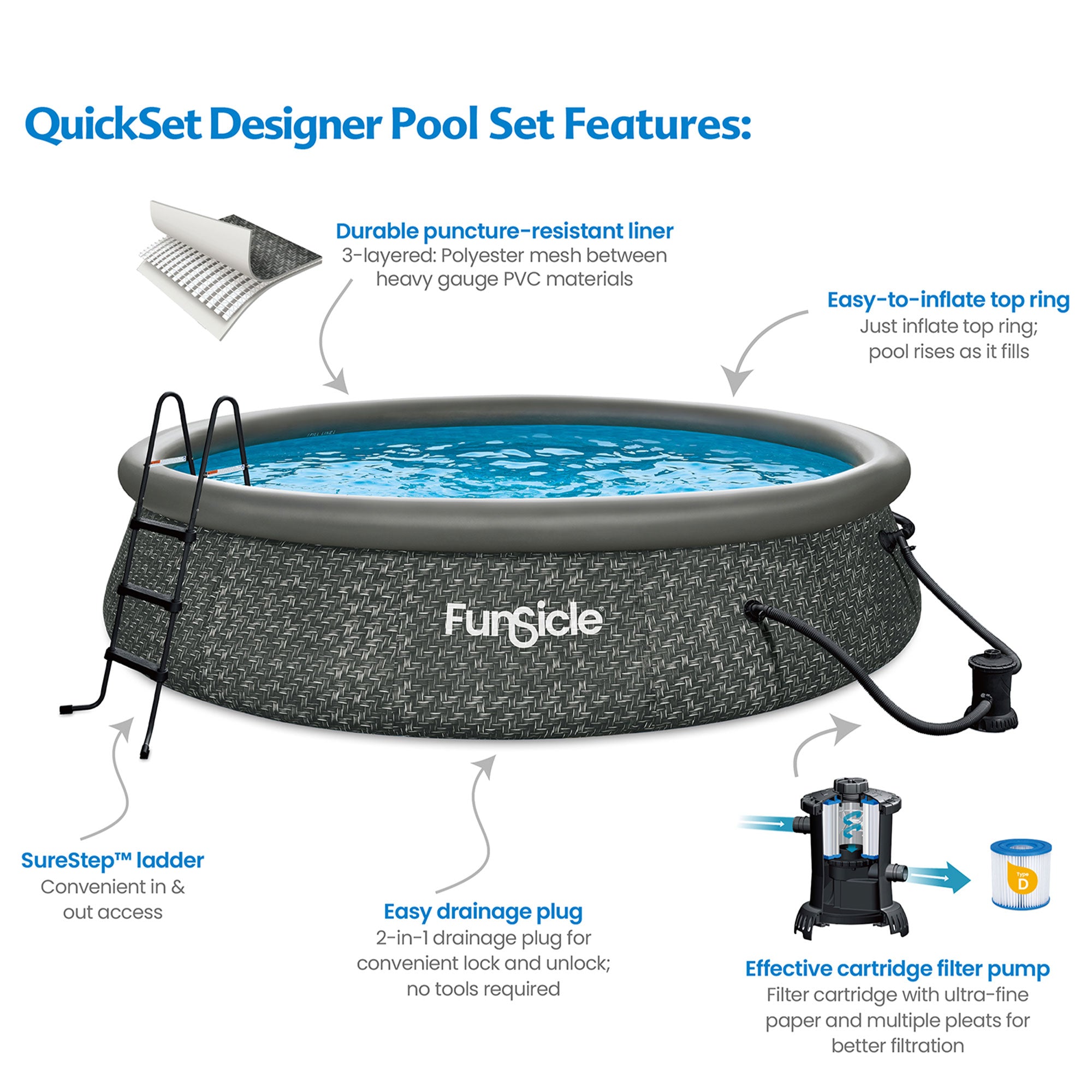 Funsicle 14' x 36" QuickSet Ring Top Above Ground Swimming Pool, Herringbone - Smart-nests