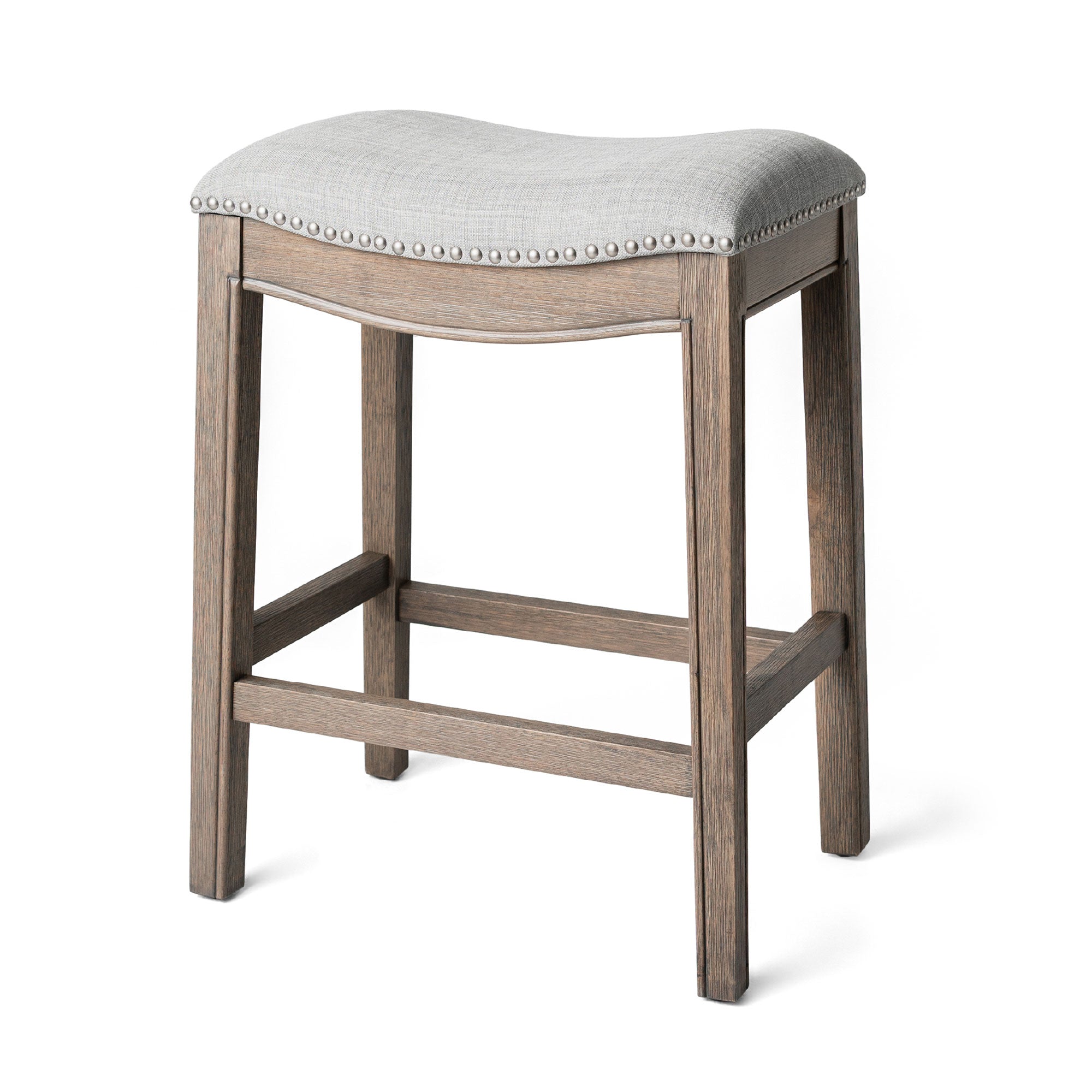 Maven Lane Adrien Saddle Counter Stool in Reclaimed Oak Finish w/ Ash Grey Fabric Upholstery - Smart-nests