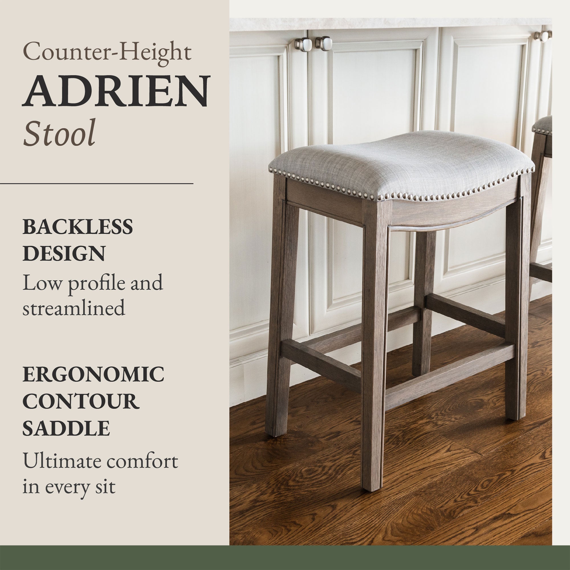 Maven Lane Adrien Saddle Counter Stool in Reclaimed Oak Finish w/ Ash Grey Fabric Upholstery - Smart-nests