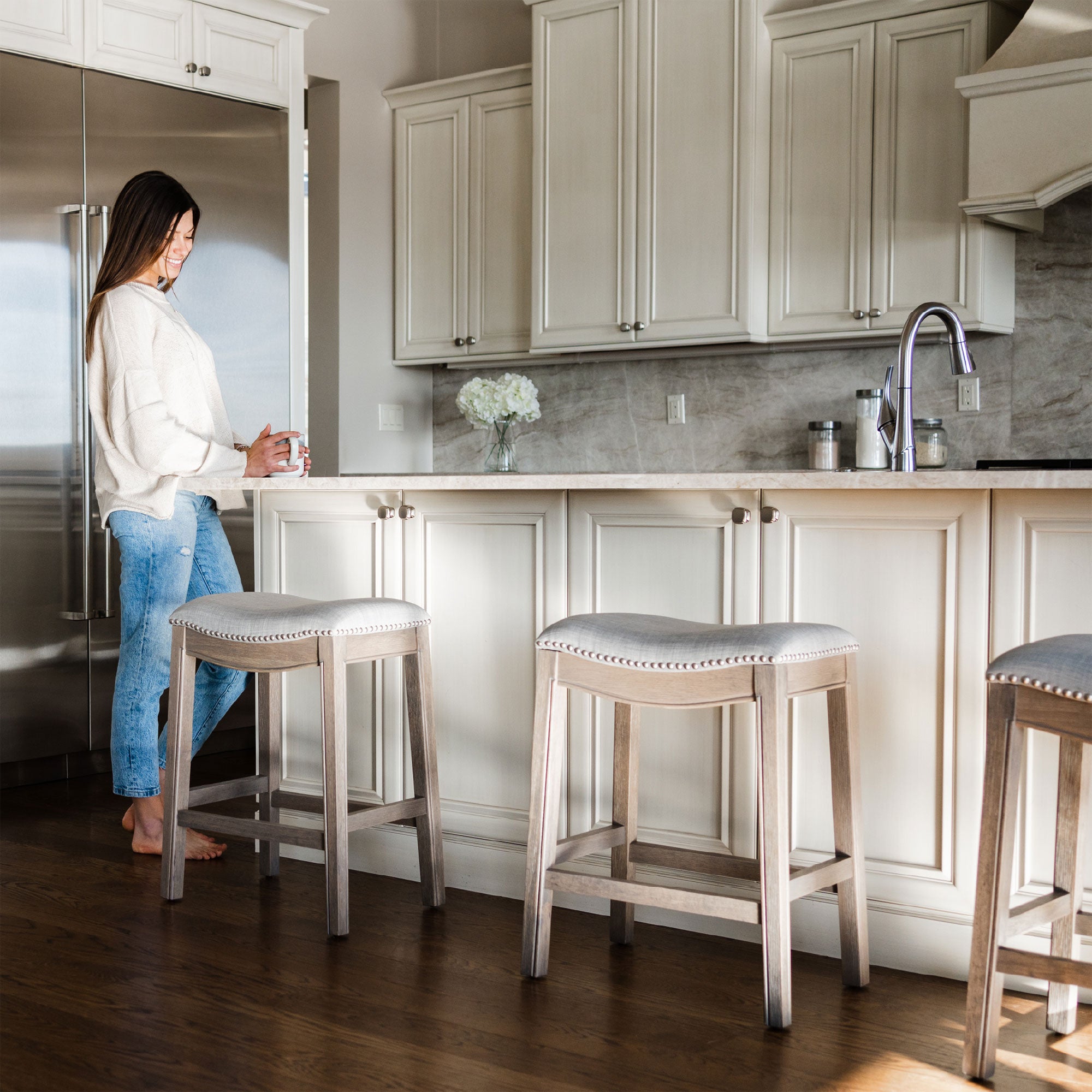 Maven Lane Adrien Saddle Counter Stool in Reclaimed Oak Finish w/ Ash Grey Fabric Upholstery - Smart-nests