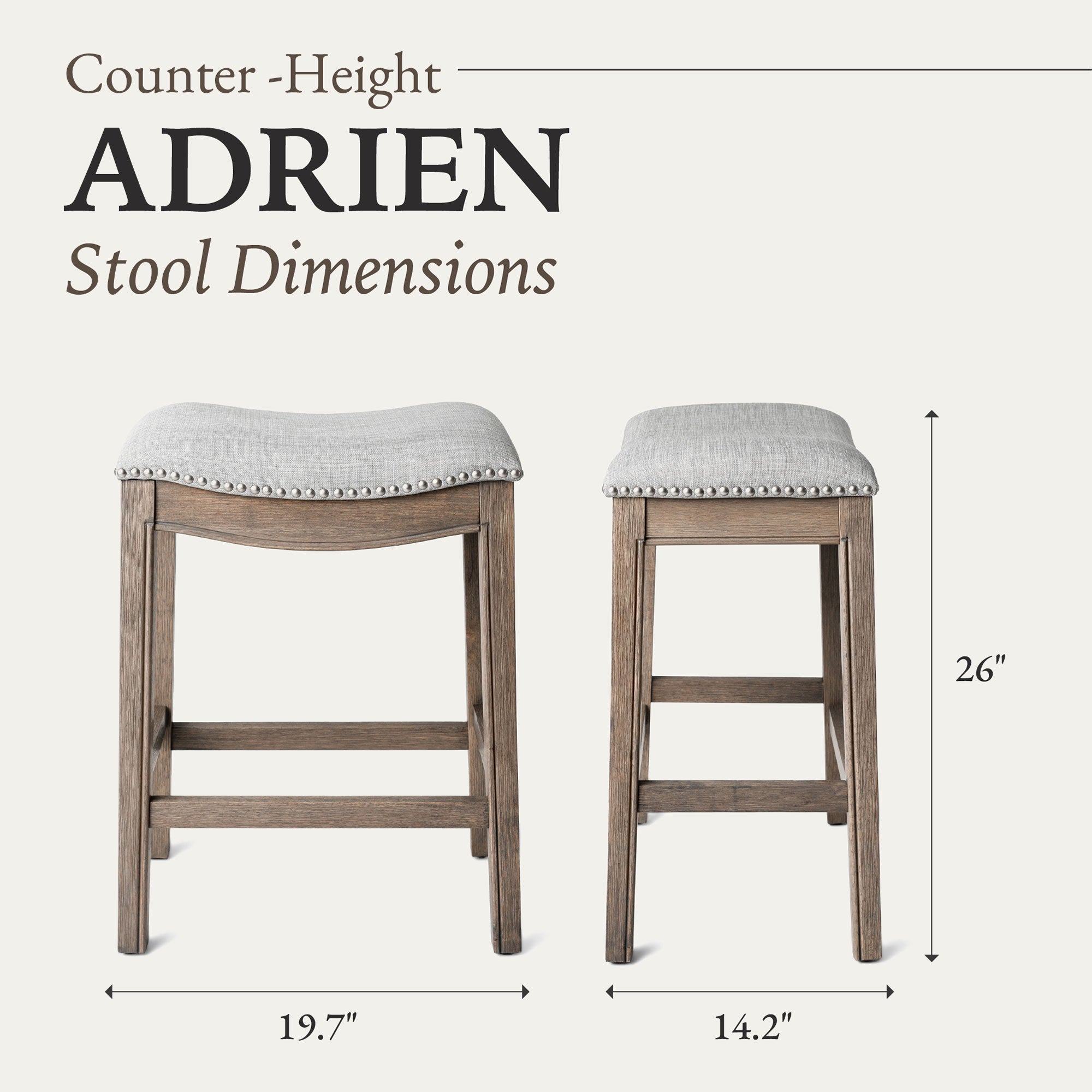 Maven Lane Adrien Saddle Counter Stool in Reclaimed Oak Finish w/ Ash Grey Fabric Upholstery - Smart-nests