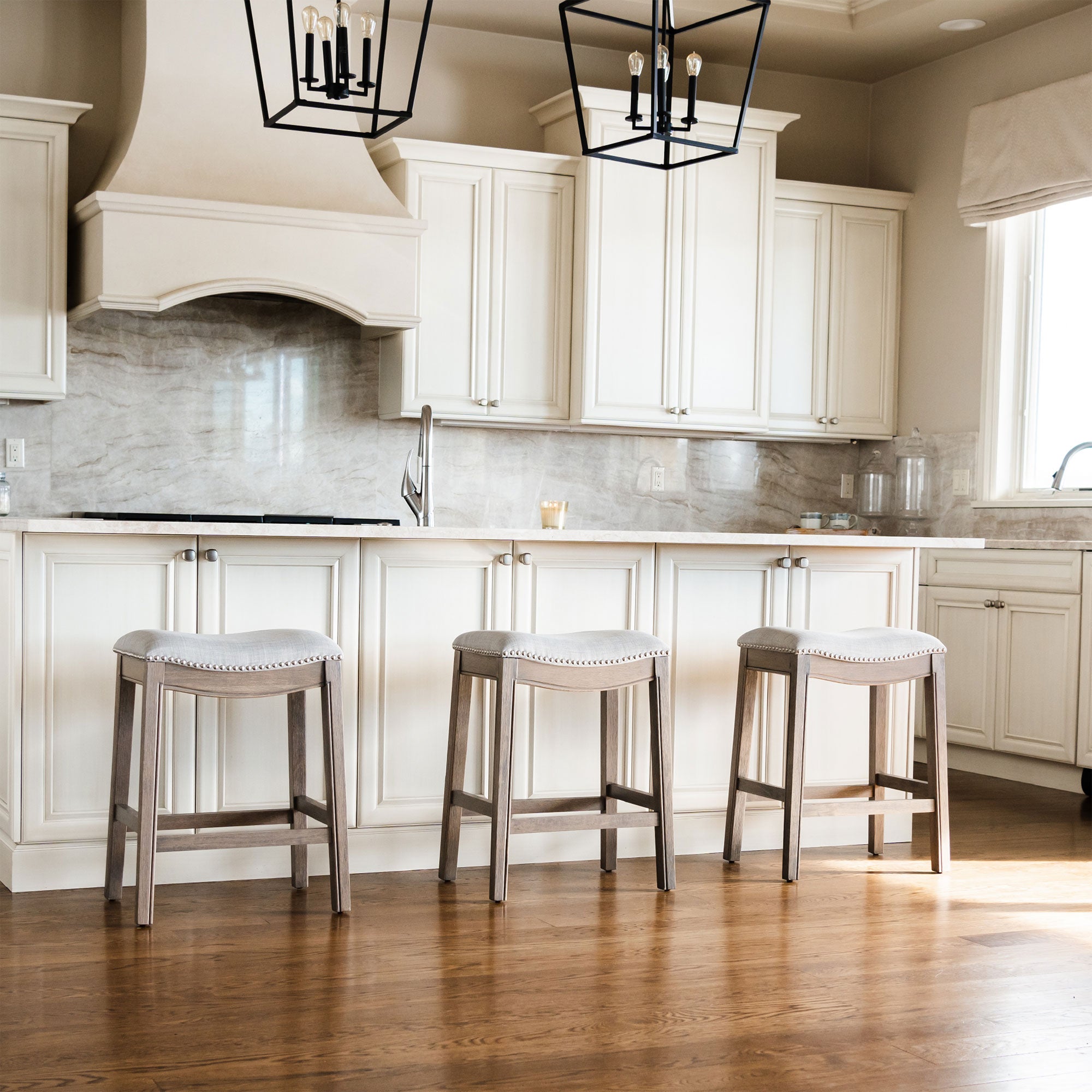Maven Lane Adrien Saddle Counter Stool in Reclaimed Oak Finish w/ Ash Grey Fabric Upholstery - Smart-nests