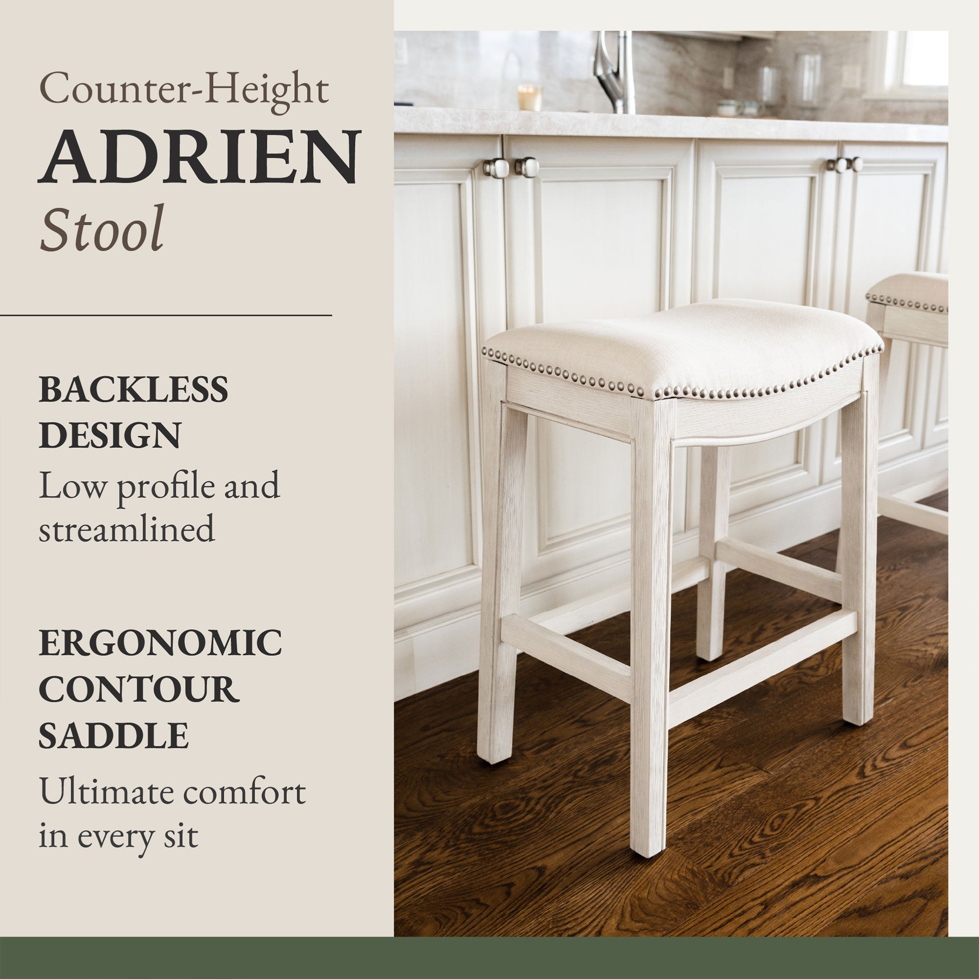 Maven Lane Adrien Saddle Counter Stool in White Oak Finish w/ Natural Fabric Upholstery - Smart-nests