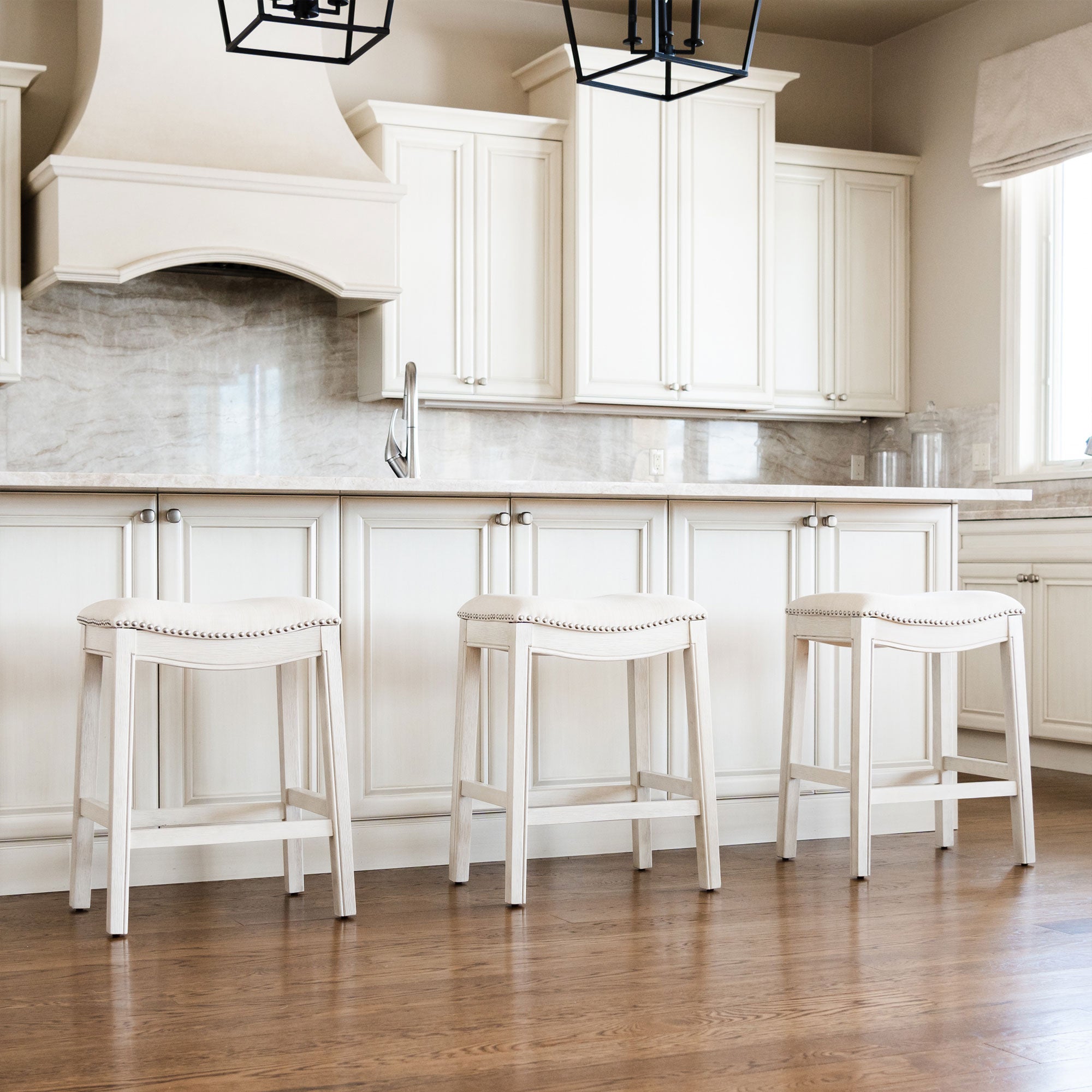 Maven Lane Adrien Saddle Counter Stool in White Oak Finish w/ Natural Fabric Upholstery - Smart-nests