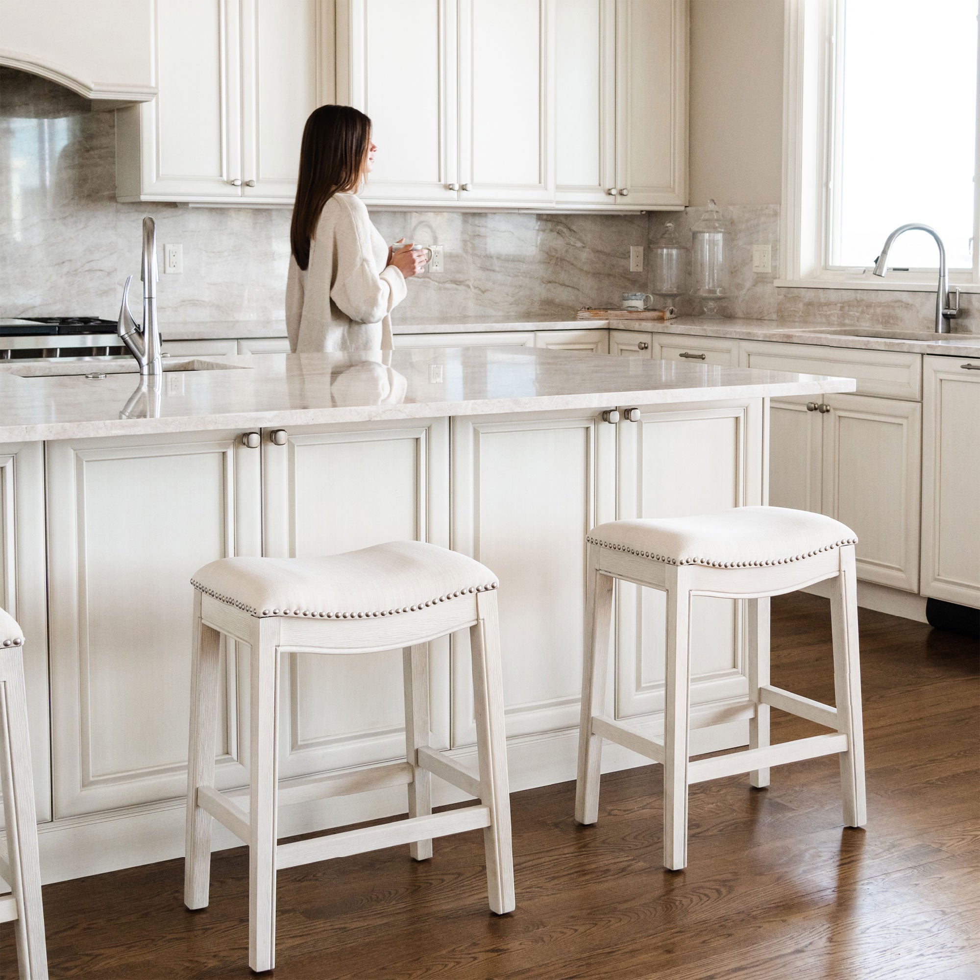Maven Lane Adrien Saddle Counter Stool in White Oak Finish w/ Natural Fabric Upholstery - Smart-nests