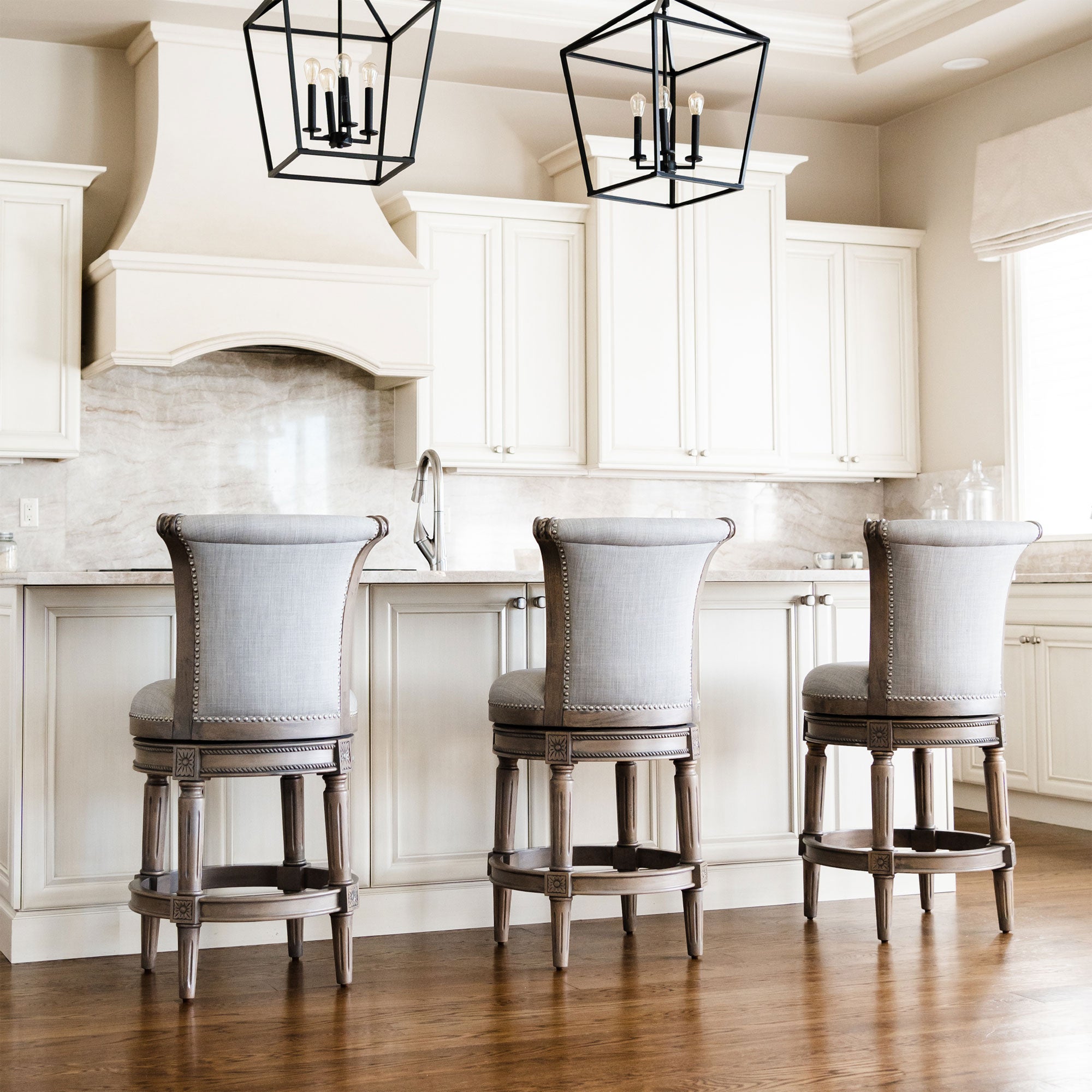 Maven Lane Pullman Counter Stool in Reclaimed Oak Finish with Ash Grey Fabric Upholstery, Set of 4 - Smart-nests