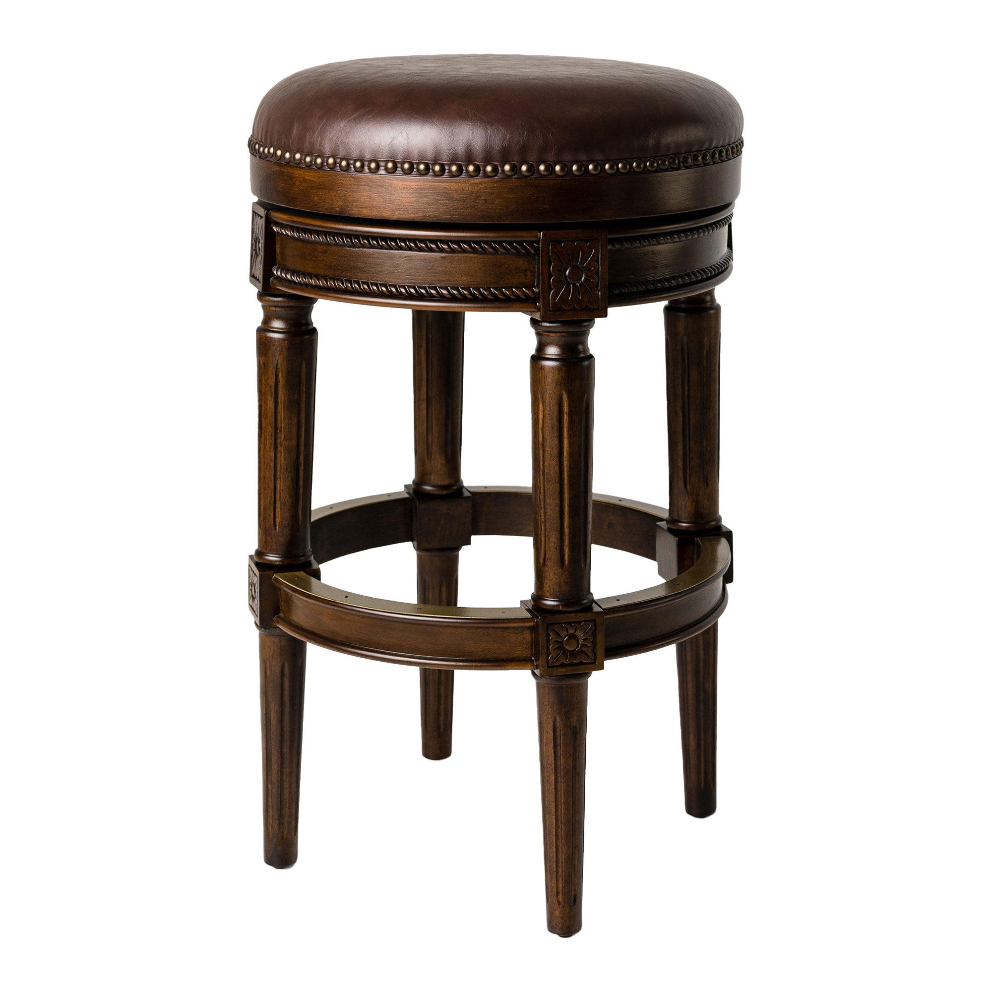 Maven Lane Pullman Backless Bar Stool in Dark Walnut Finish with Vintage Brown Vegan Leather - Smart-nests