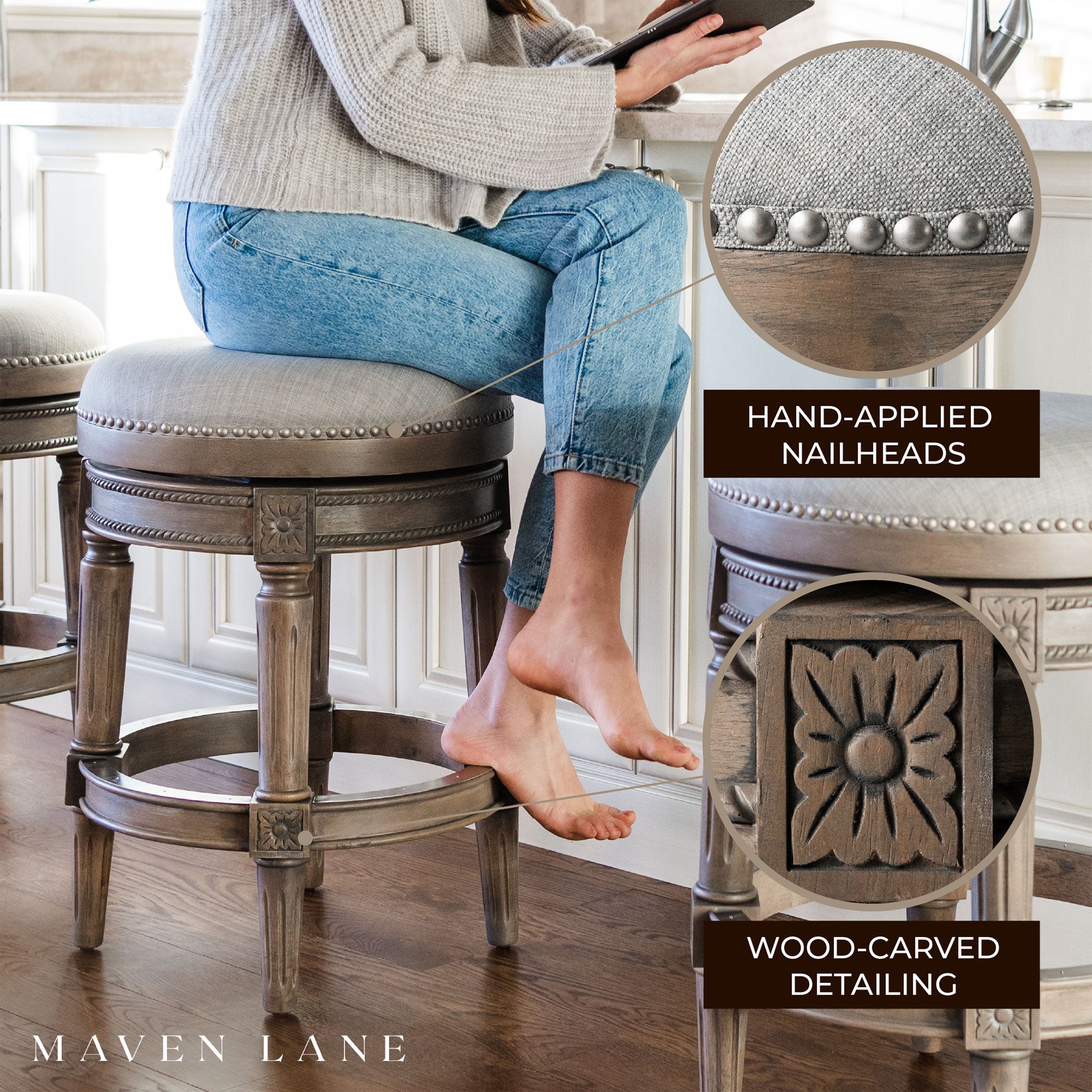 Maven Lane Pullman Backless Bar Stool in Reclaimed Oak Finish w/ Ash Grey Fabric Upholstery, Set of 4 - Smart-nests