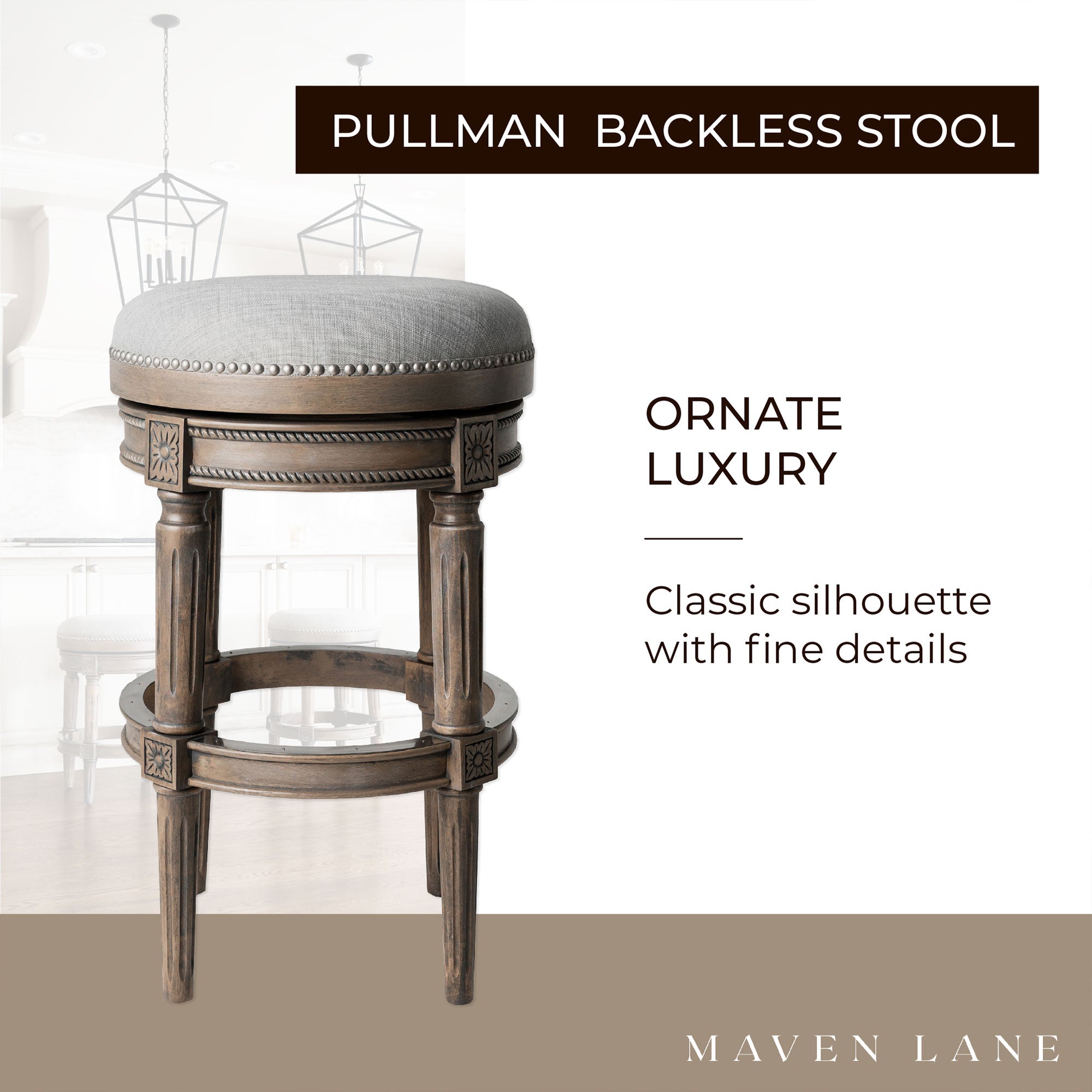 Maven Lane Pullman Backless Bar Stool in Reclaimed Oak Finish w/ Ash Grey Fabric Upholstery, Set of 4 - Smart-nests