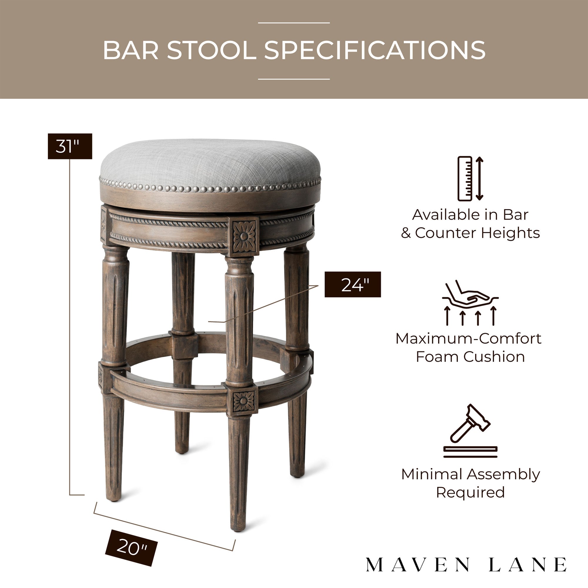 Maven Lane Pullman Backless Bar Stool in Reclaimed Oak Finish w/ Ash Grey Fabric Upholstery, Set of 4 - Smart-nests