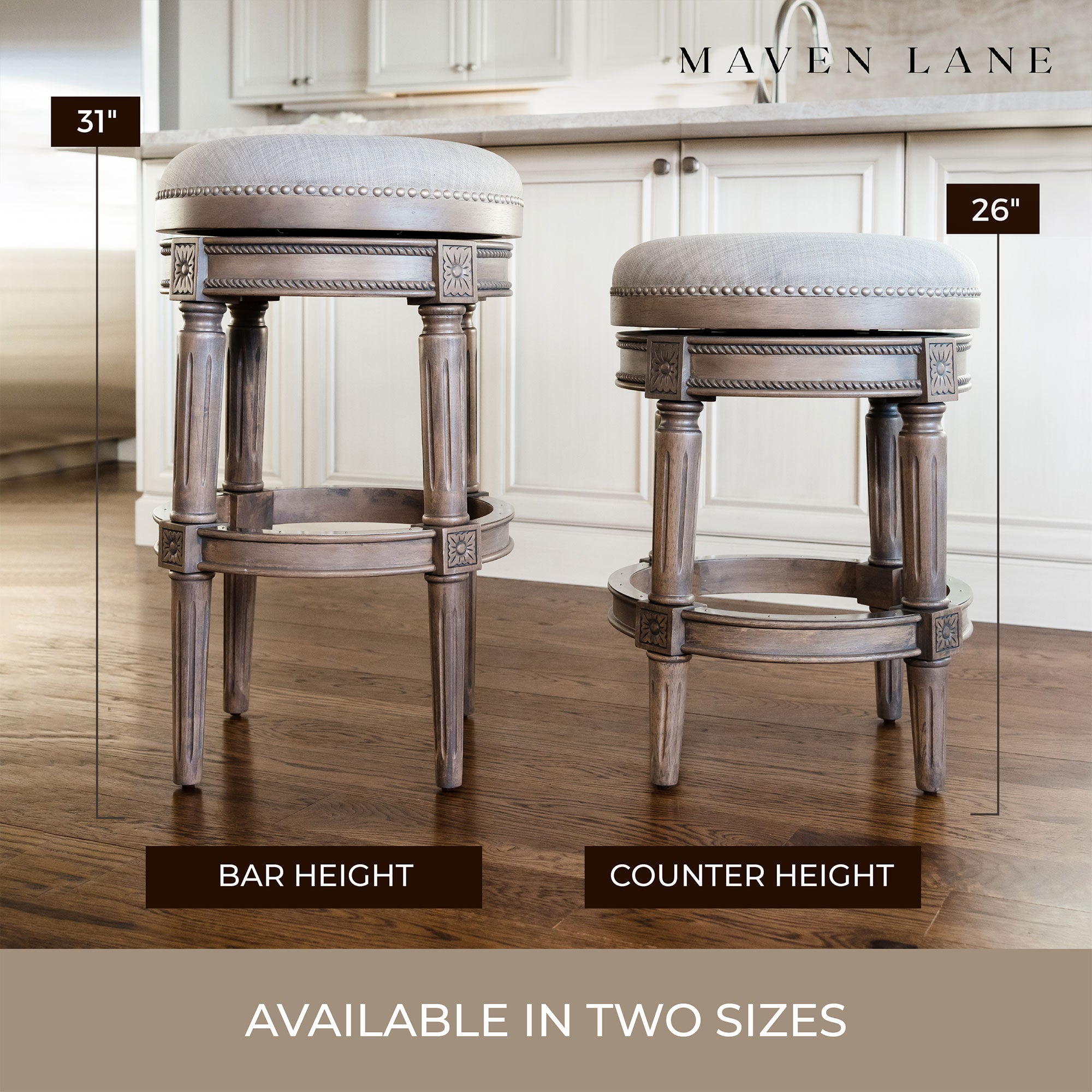 Maven Lane Pullman Backless Bar Stool in Reclaimed Oak Finish w/ Ash Grey Fabric Upholstery, Set of 4 - Smart-nests