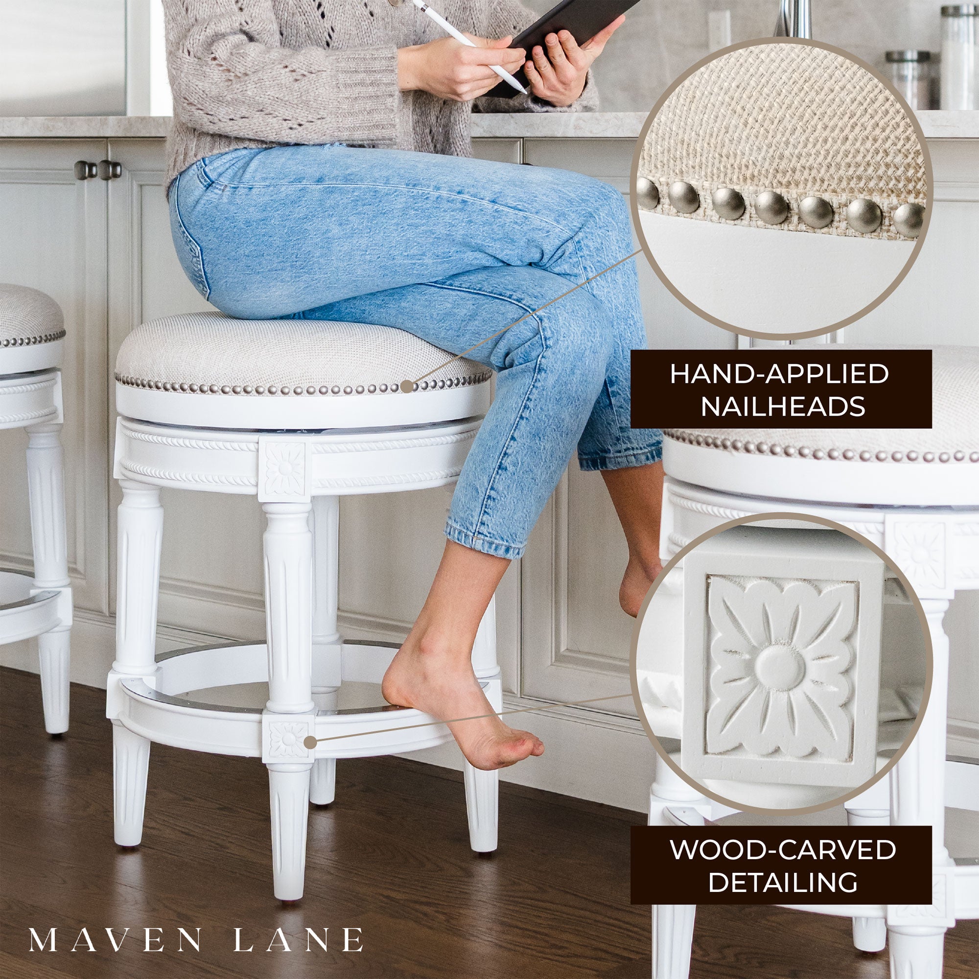 Maven Lane Pullman Backless Counter Stool in Alabaster White Finish with Cream Fabric Upholstery, Set of 3 - Smart-nests