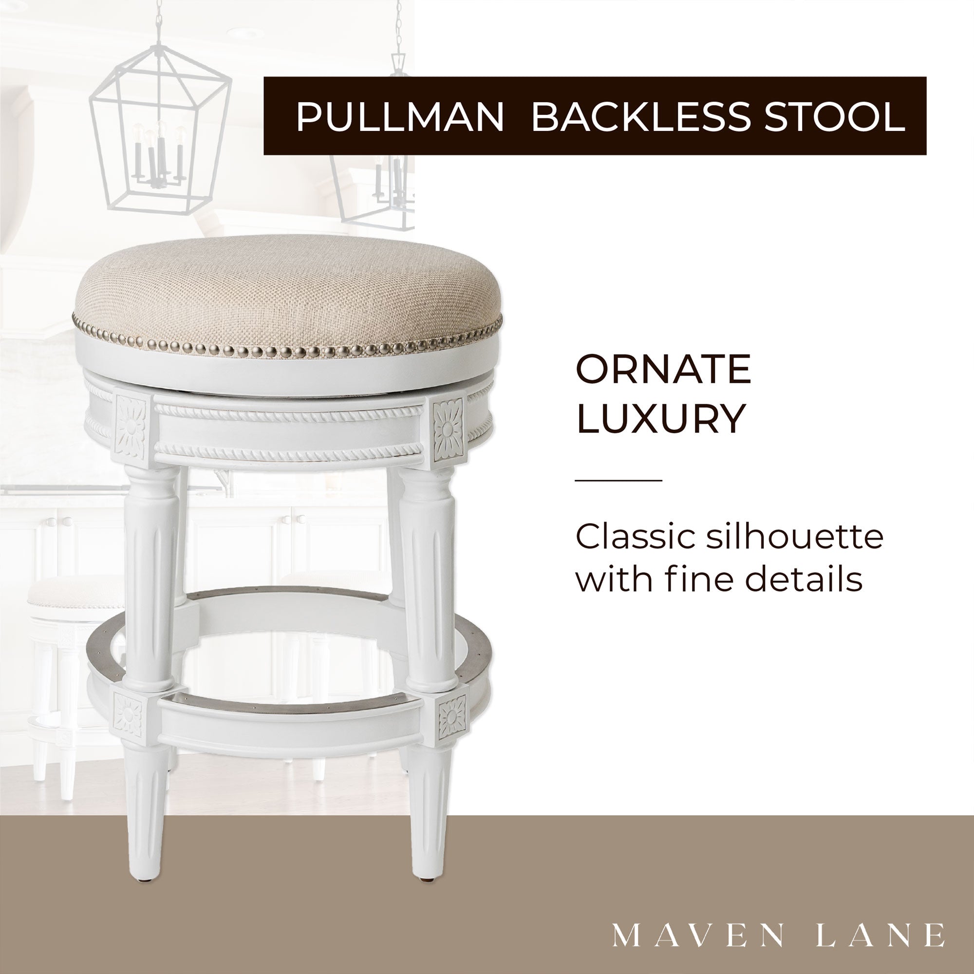 Maven Lane Pullman Backless Counter Stool in Alabaster White Finish with Cream Fabric Upholstery, Set of 3 - Smart-nests