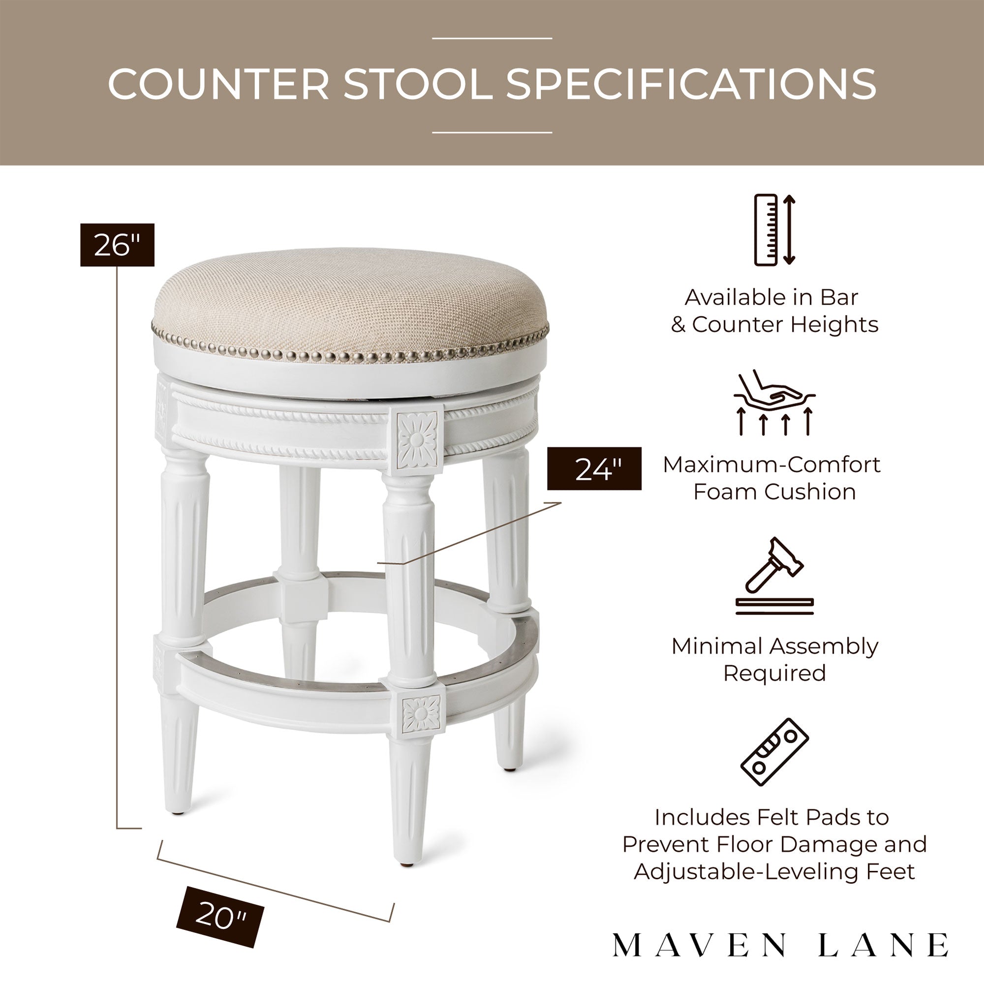 Maven Lane Pullman Backless Counter Stool in Alabaster White Finish with Cream Fabric Upholstery, Set of 3 - Smart-nests