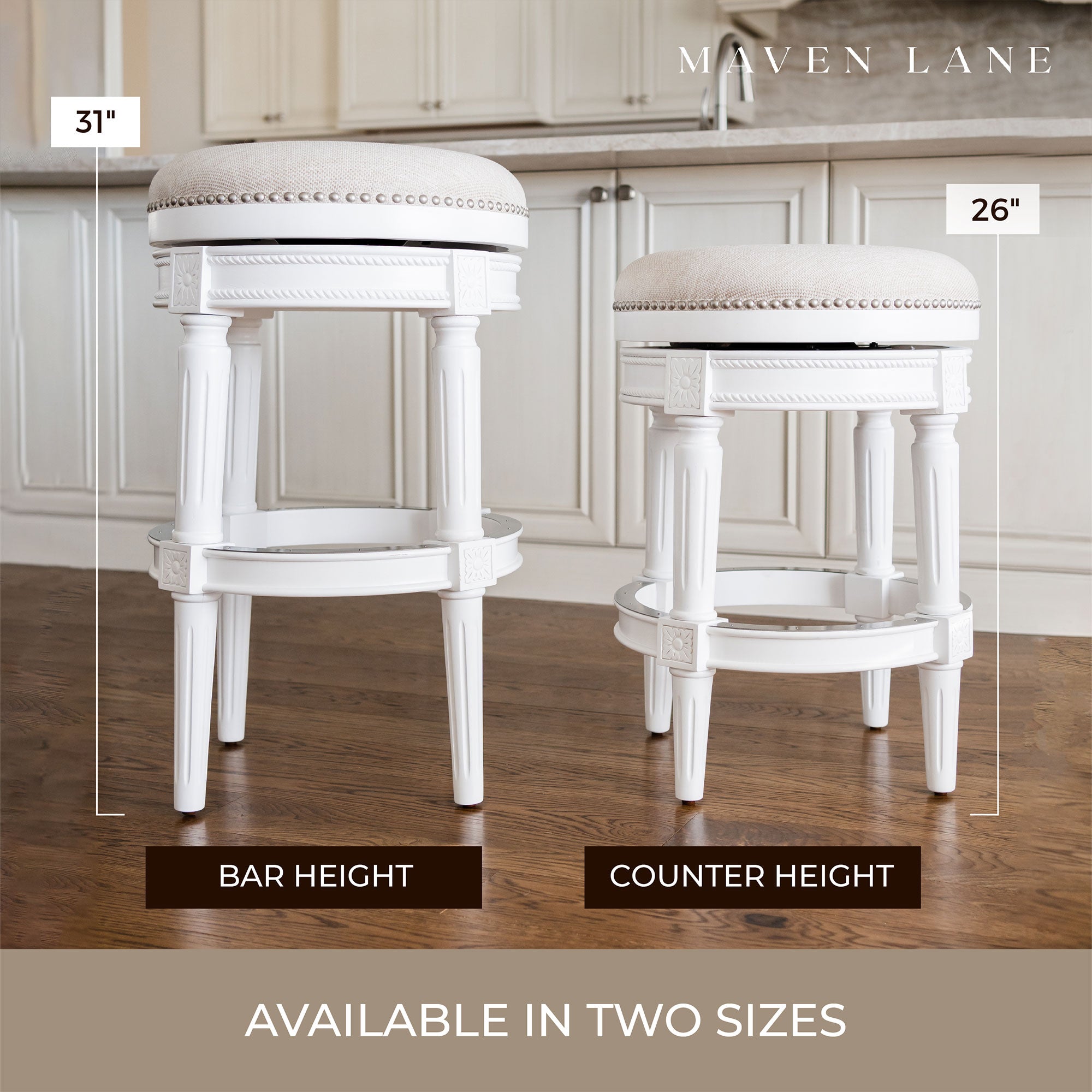 Maven Lane Pullman Backless Counter Stool in Alabaster White Finish with Cream Fabric Upholstery, Set of 3 - Smart-nests