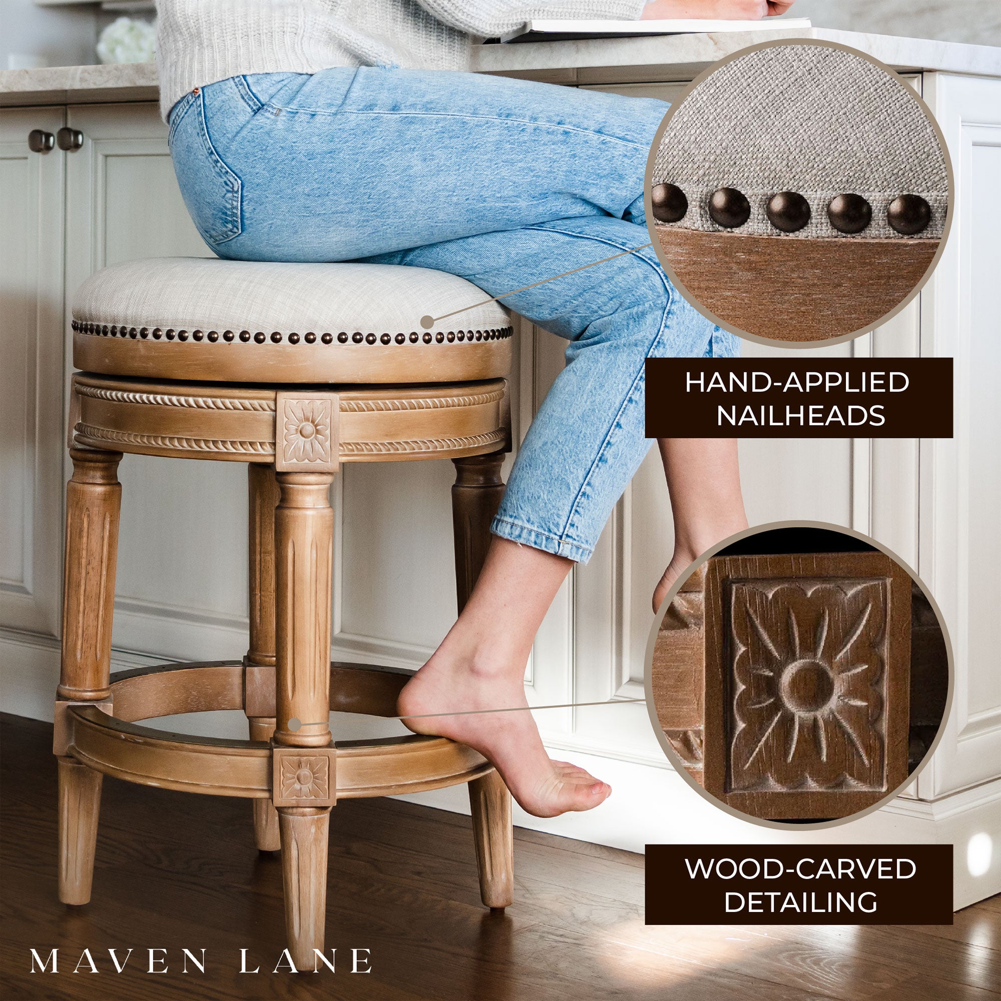 Maven Lane Pullman Backless Counter Stool in Weathered Oak Finish w/ Sand Color Fabric Upholstery, Set of 3 - Smart-nests