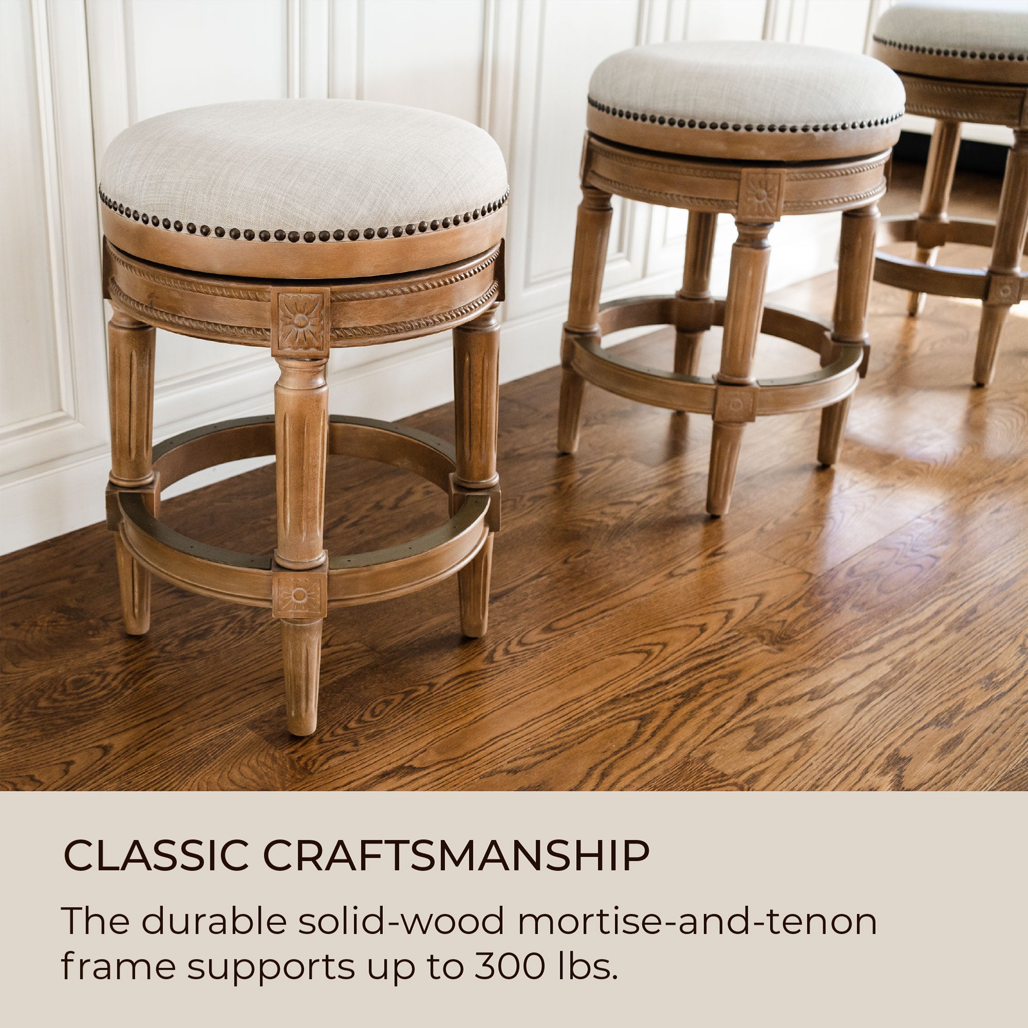 Maven Lane Pullman Backless Counter Stool in Weathered Oak Finish w/ Sand Color Fabric Upholstery, Set of 2 - Smart-nests