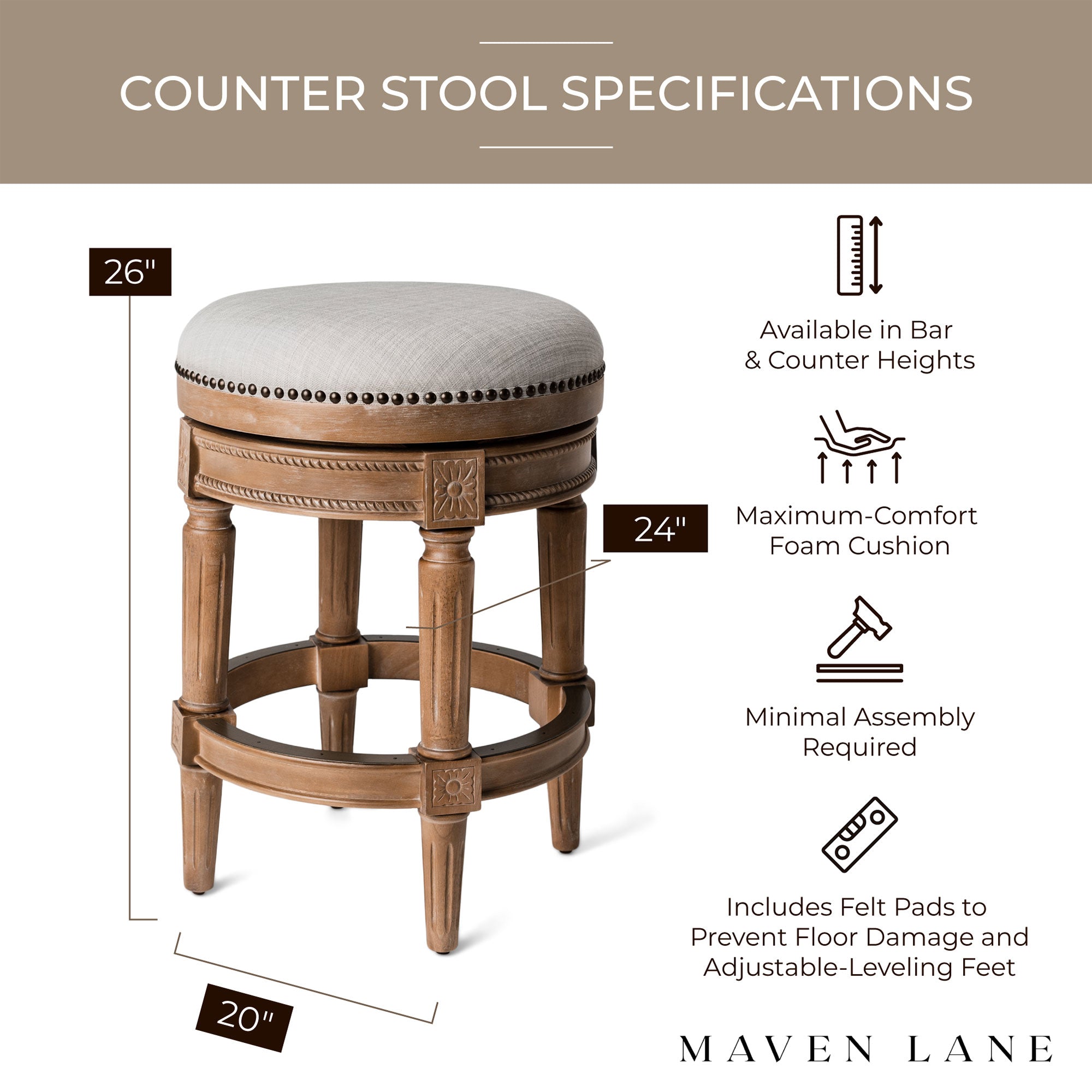Maven Lane Pullman Backless Counter Stool in Weathered Oak Finish w/ Sand Color Fabric Upholstery, Set of 3 - Smart-nests