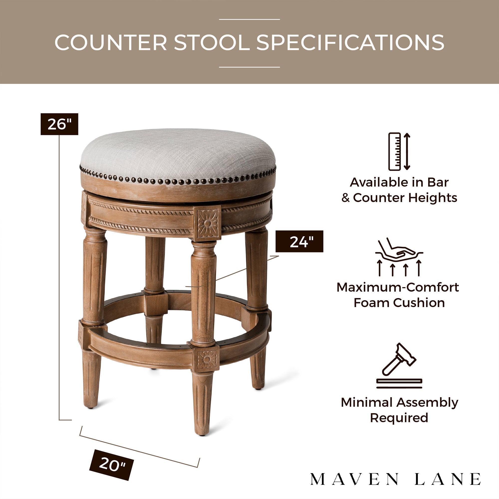 Maven Lane Pullman Backless Counter Stool in Weathered Oak Finish w/ Sand Color Fabric Upholstery, Set of 2 - Smart-nests