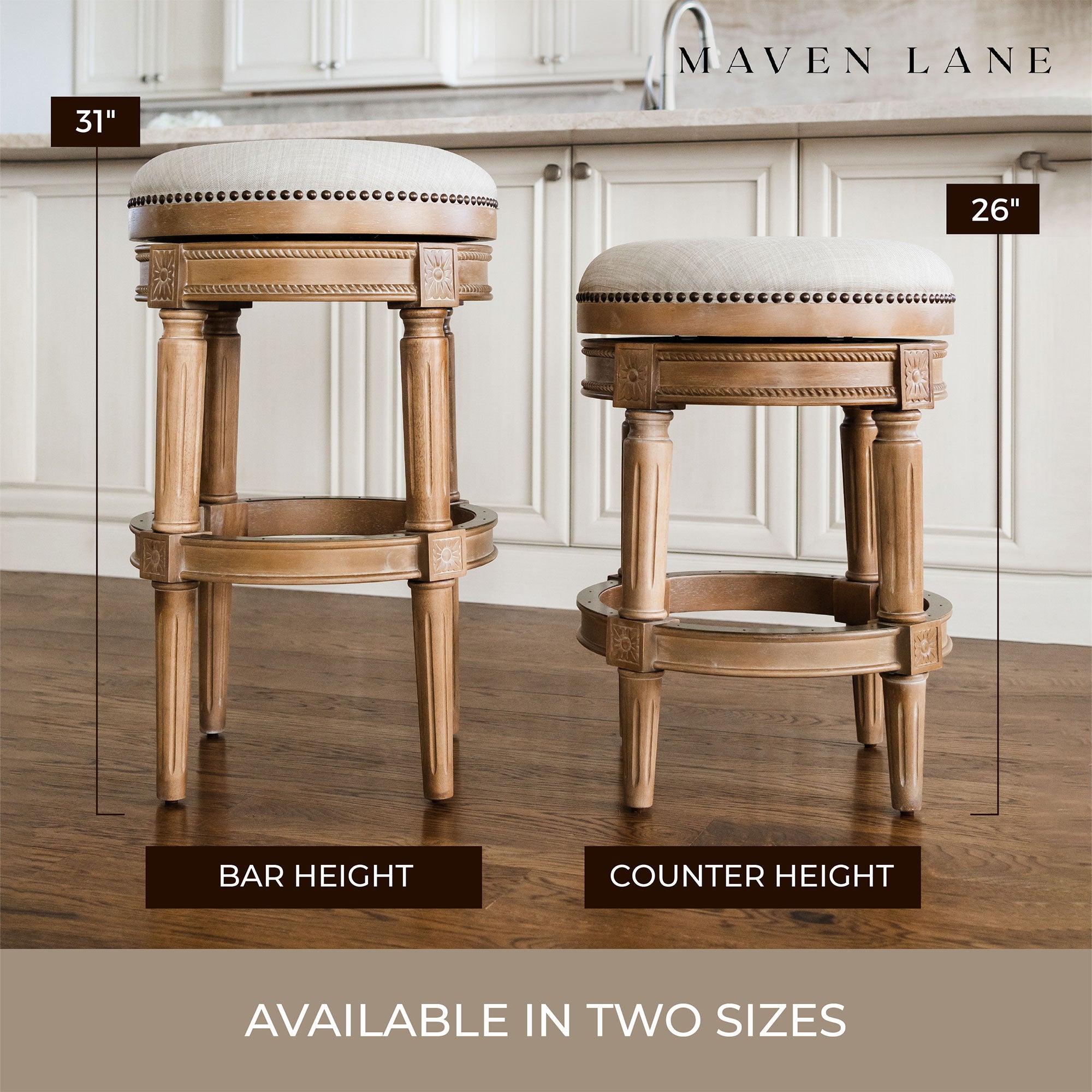 Maven Lane Pullman Backless Counter Stool in Weathered Oak Finish w/ Sand Color Fabric Upholstery, Set of 3 - Smart-nests