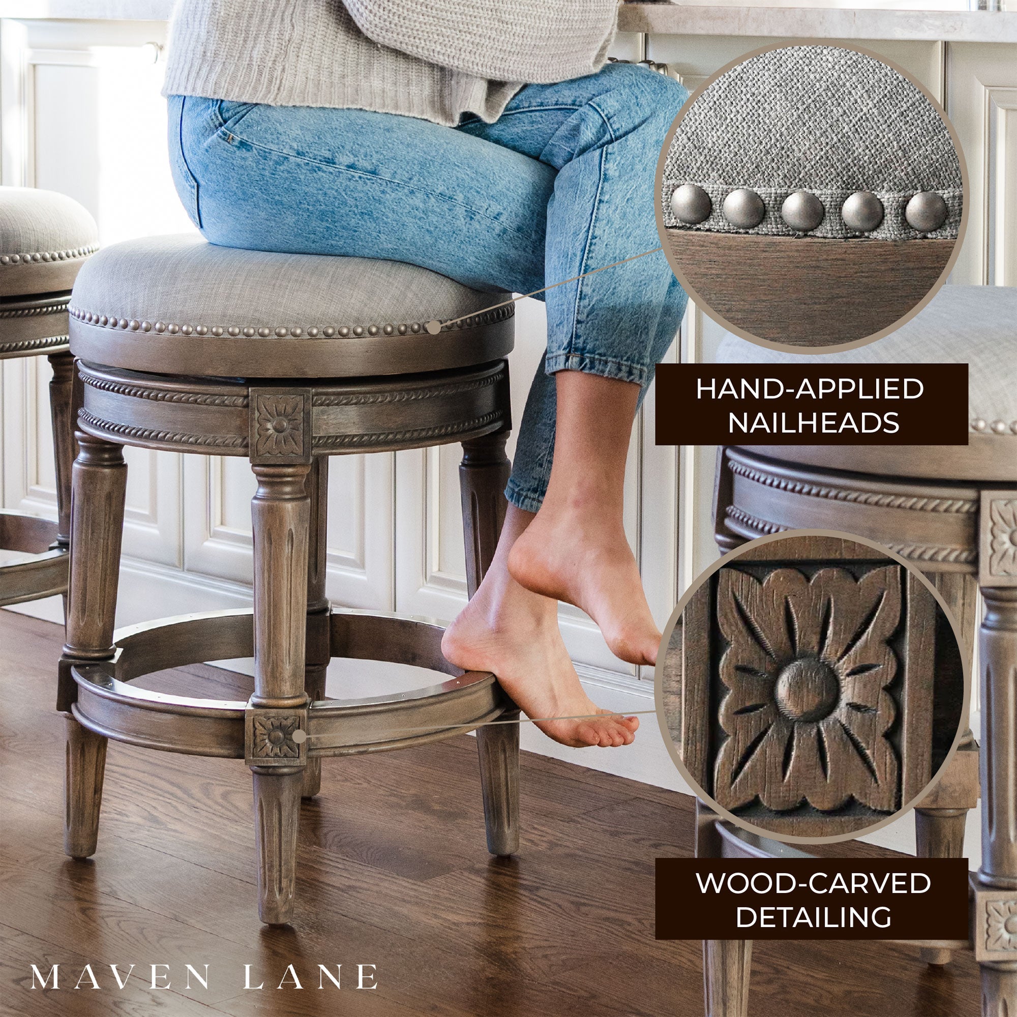 Maven Lane Pullman Backless Counter Stool in Reclaimed Oak Finish with Ash Grey Fabric Upholstery, Set of 4 - Smart-nests