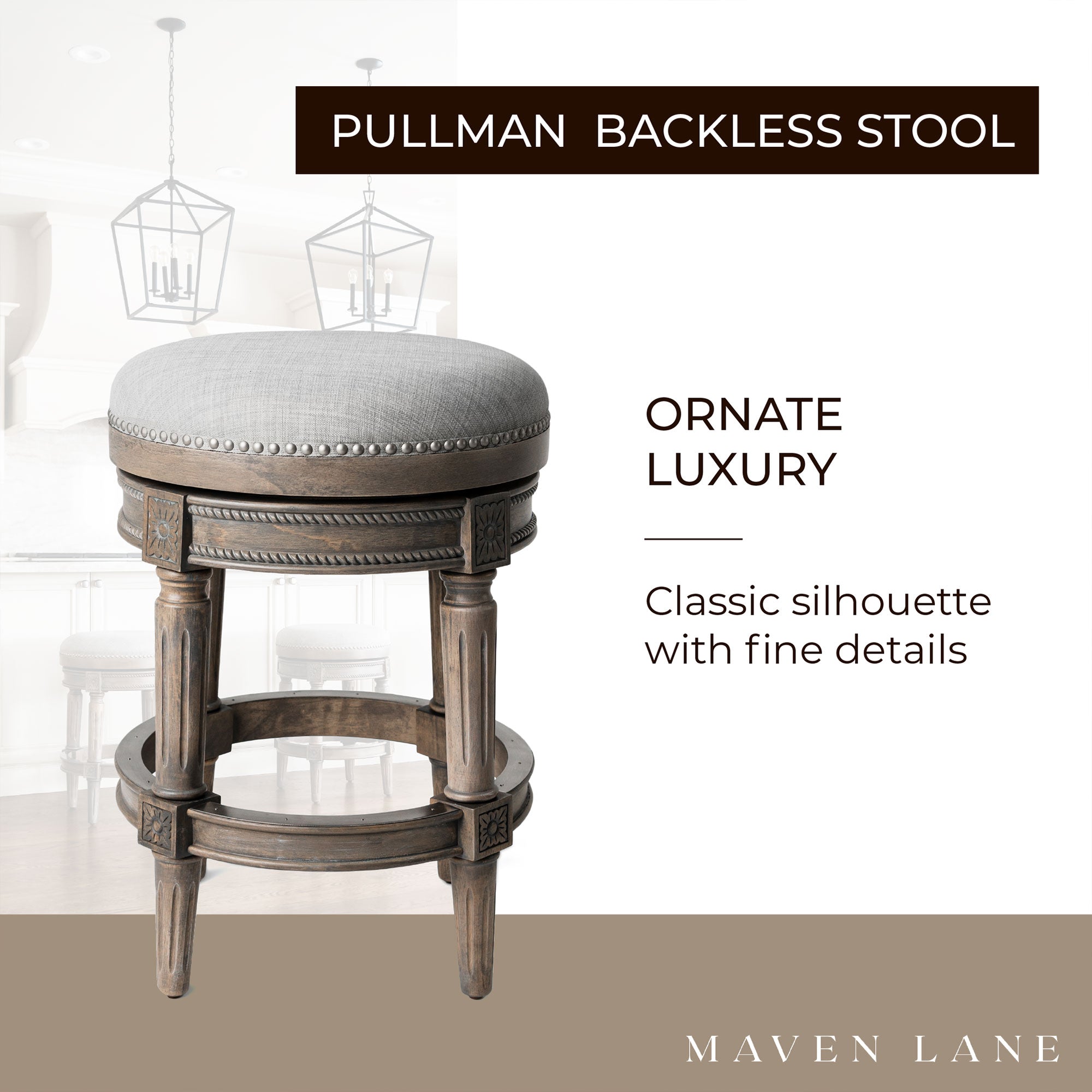 Maven Lane Pullman Backless Counter Stool in Reclaimed Oak Finish with Ash Grey Fabric Upholstery, Set of 4 - Smart-nests
