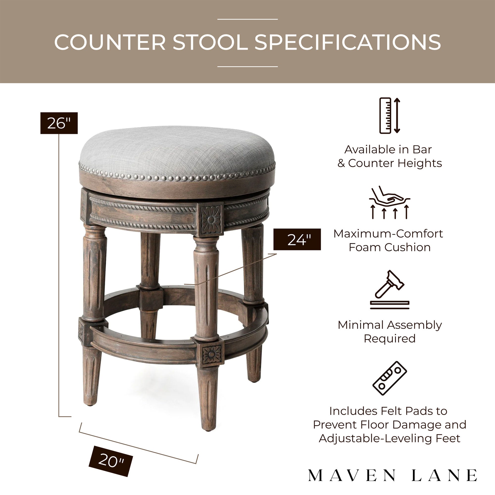 Maven Lane Pullman Backless Counter Stool in Reclaimed Oak Finish with Ash Grey Fabric Upholstery, Set of 4 - Smart-nests
