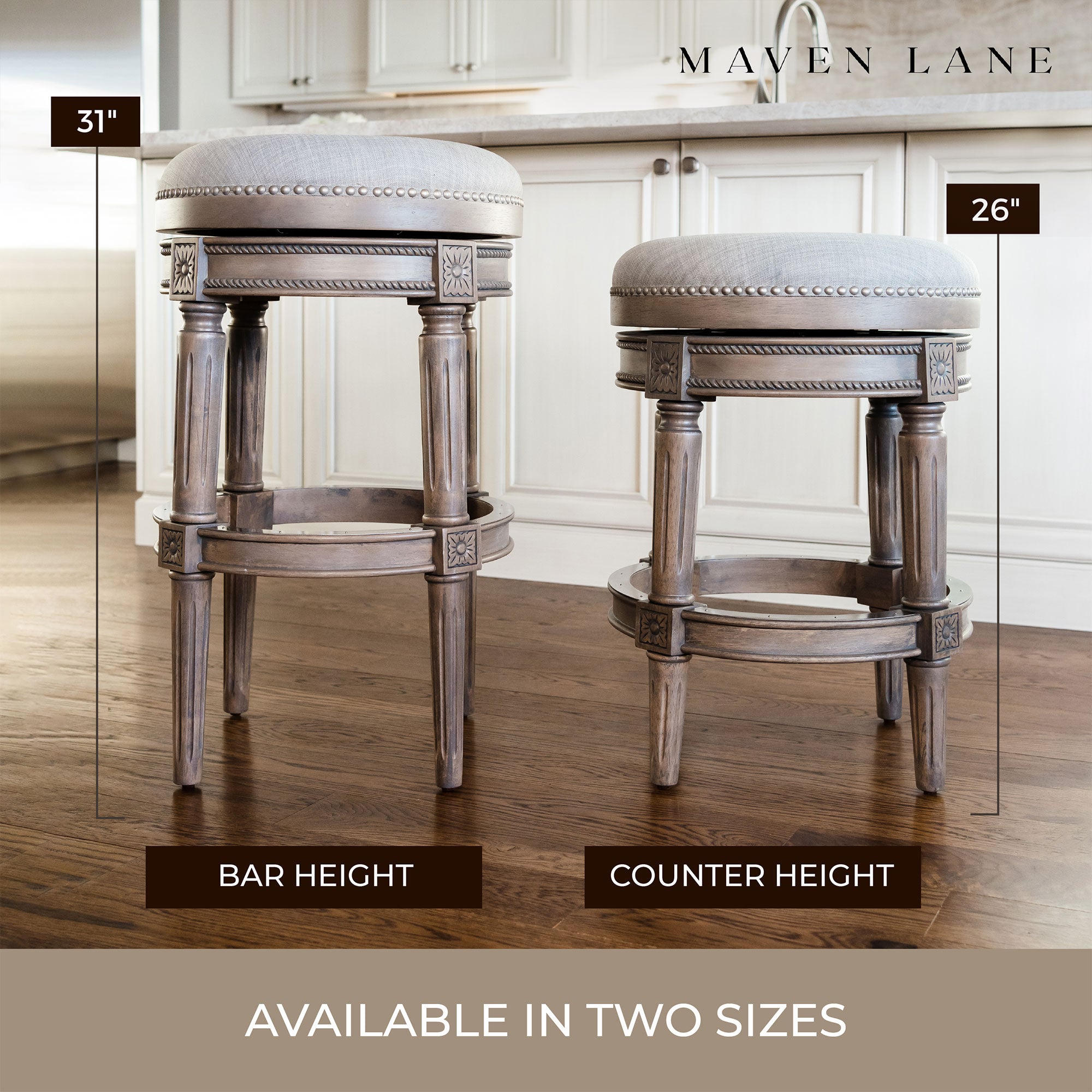 Maven Lane Pullman Backless Counter Stool in Reclaimed Oak Finish with Ash Grey Fabric Upholstery, Set of 4 - Smart-nests
