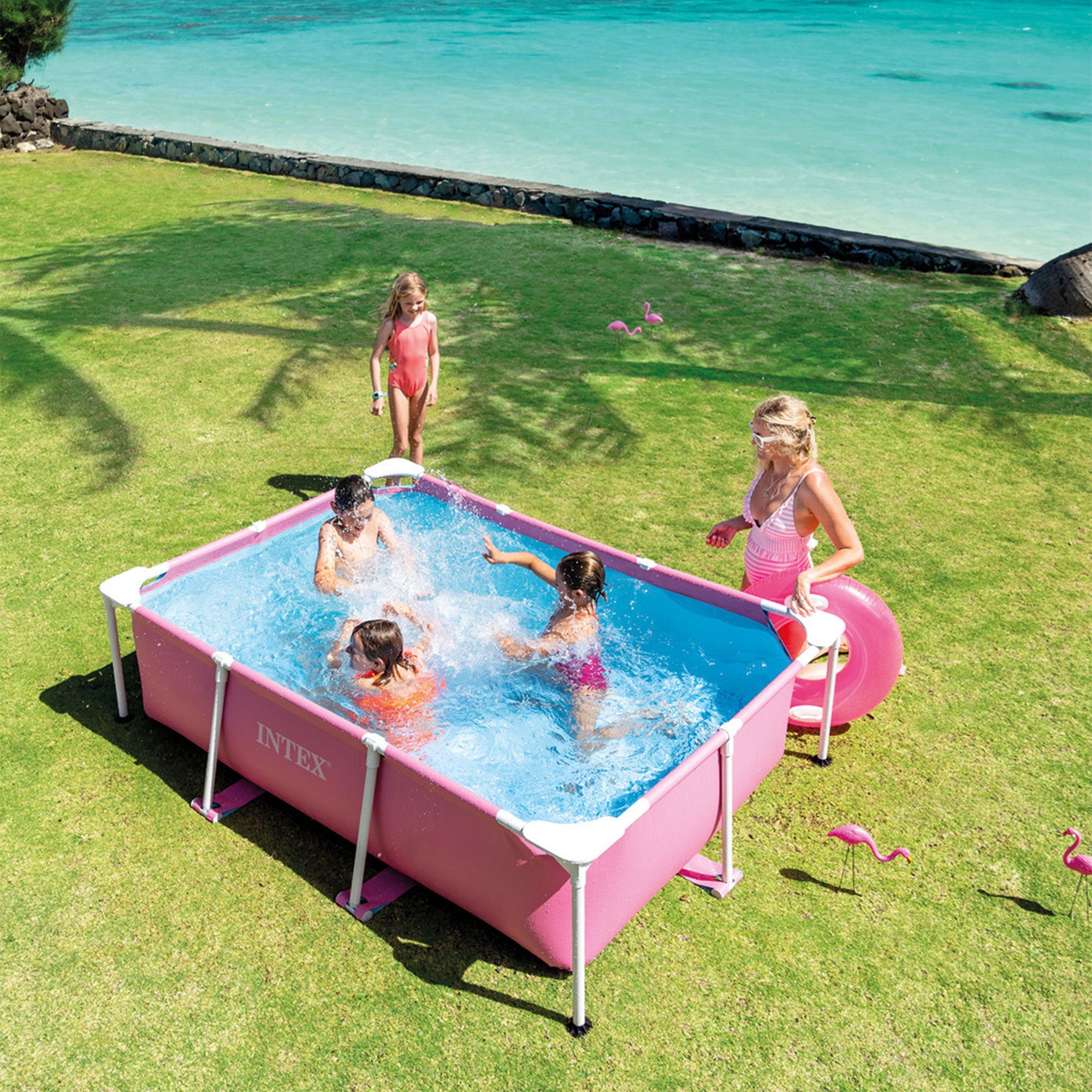 Intex 84" x 23.62" Outdoor Rectangular Frame Above Ground Swimming Pool, Pink - Smart-nests