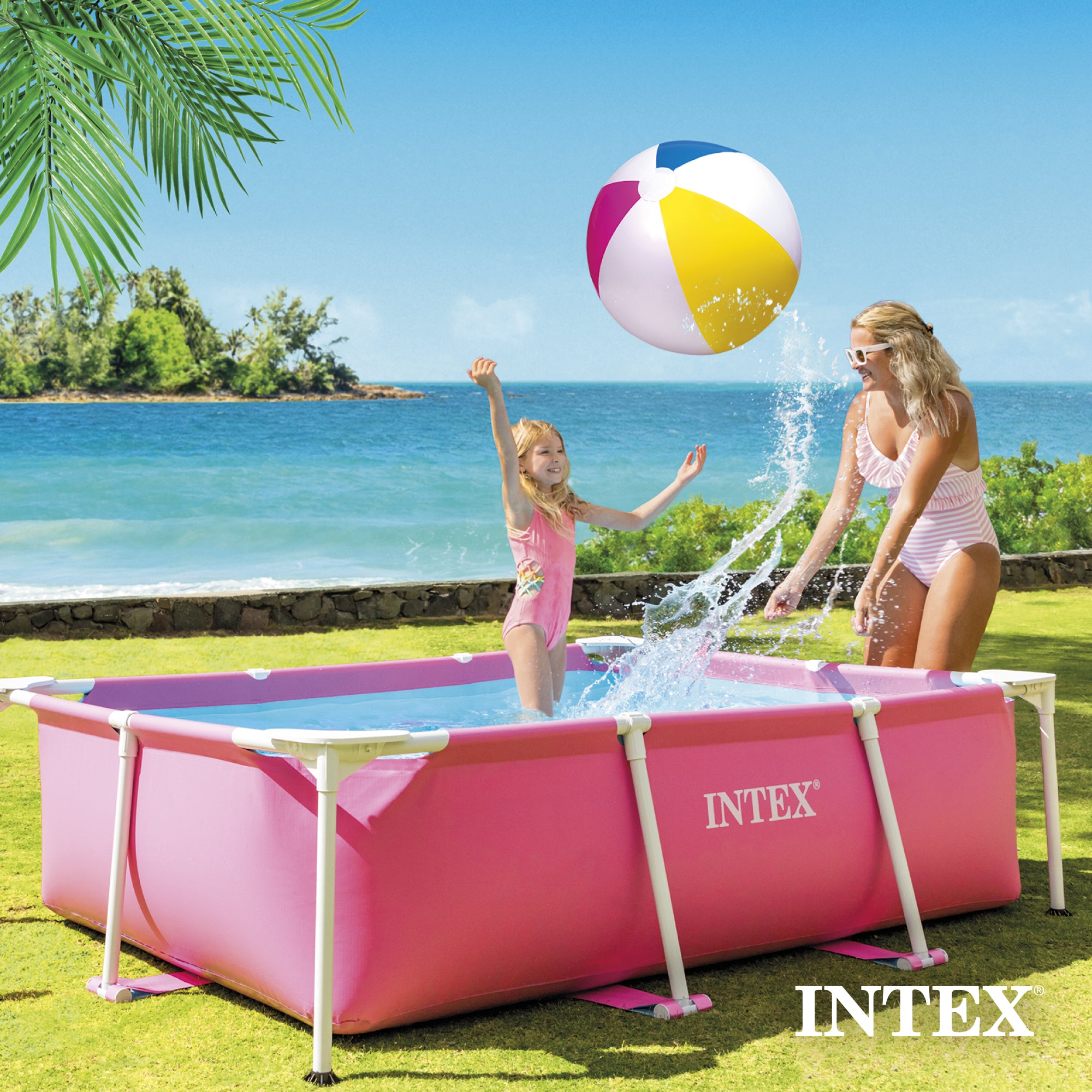 Intex 84" x 23.62" Outdoor Rectangular Frame Above Ground Swimming Pool, Pink - Smart-nests