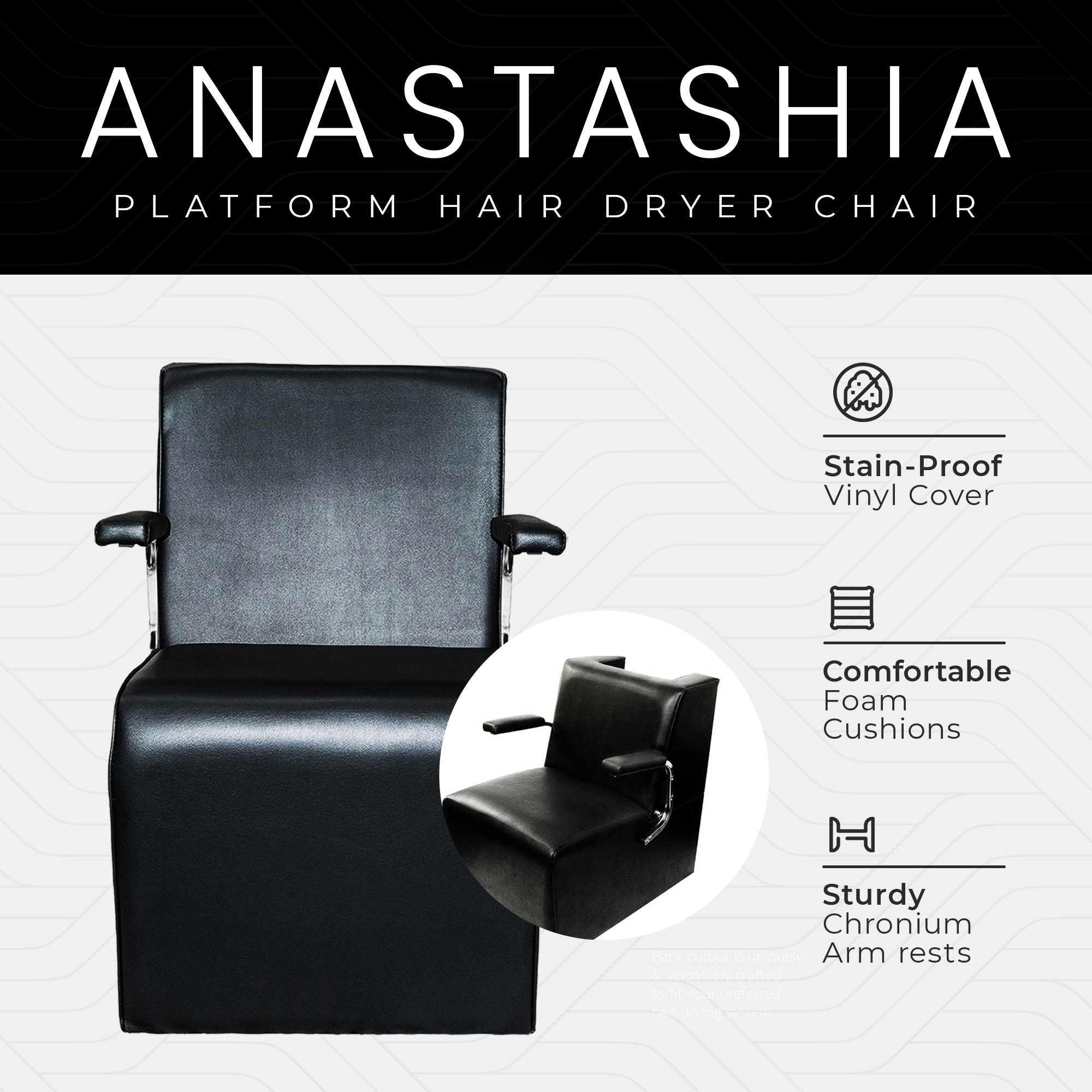 PureSana Chromium Anastasia Vinyl Professional Platform Hair Dryer Chair, Black - Smart-nests