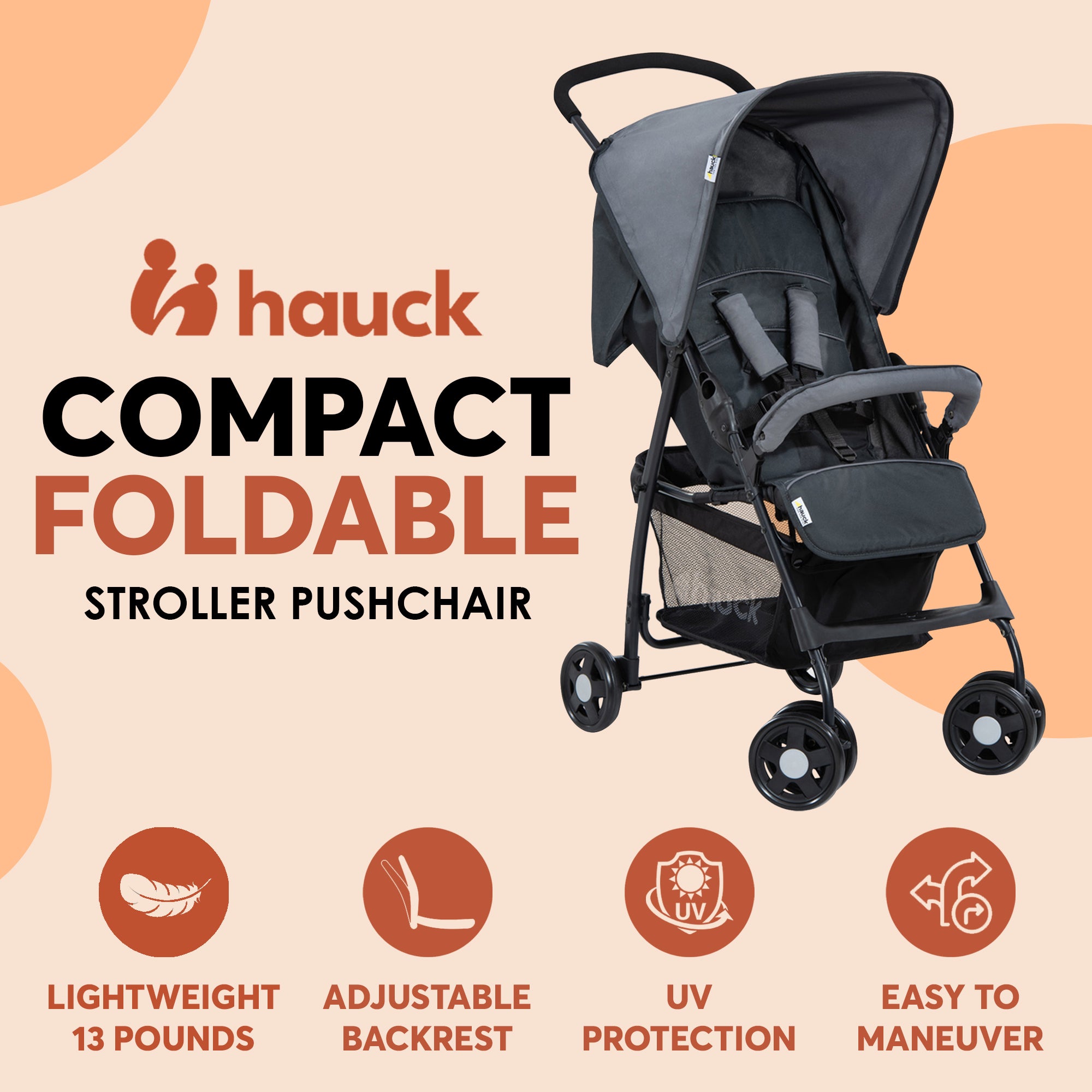 hauck Sport T13 Lightweight Compact Foldable Stroller Pushchair, Charcoal Stone - Smart-nests