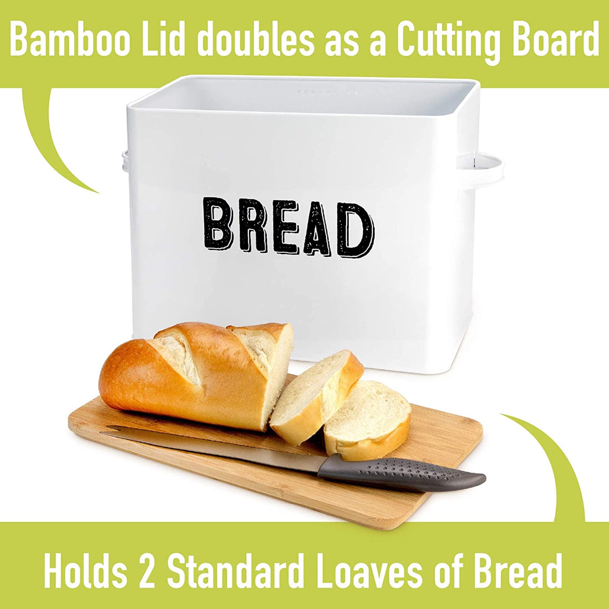 Granrosi 10" Tall Metal Bread Box Storage Container w/Bamboo Wooden Lid, White - Smart-nests
