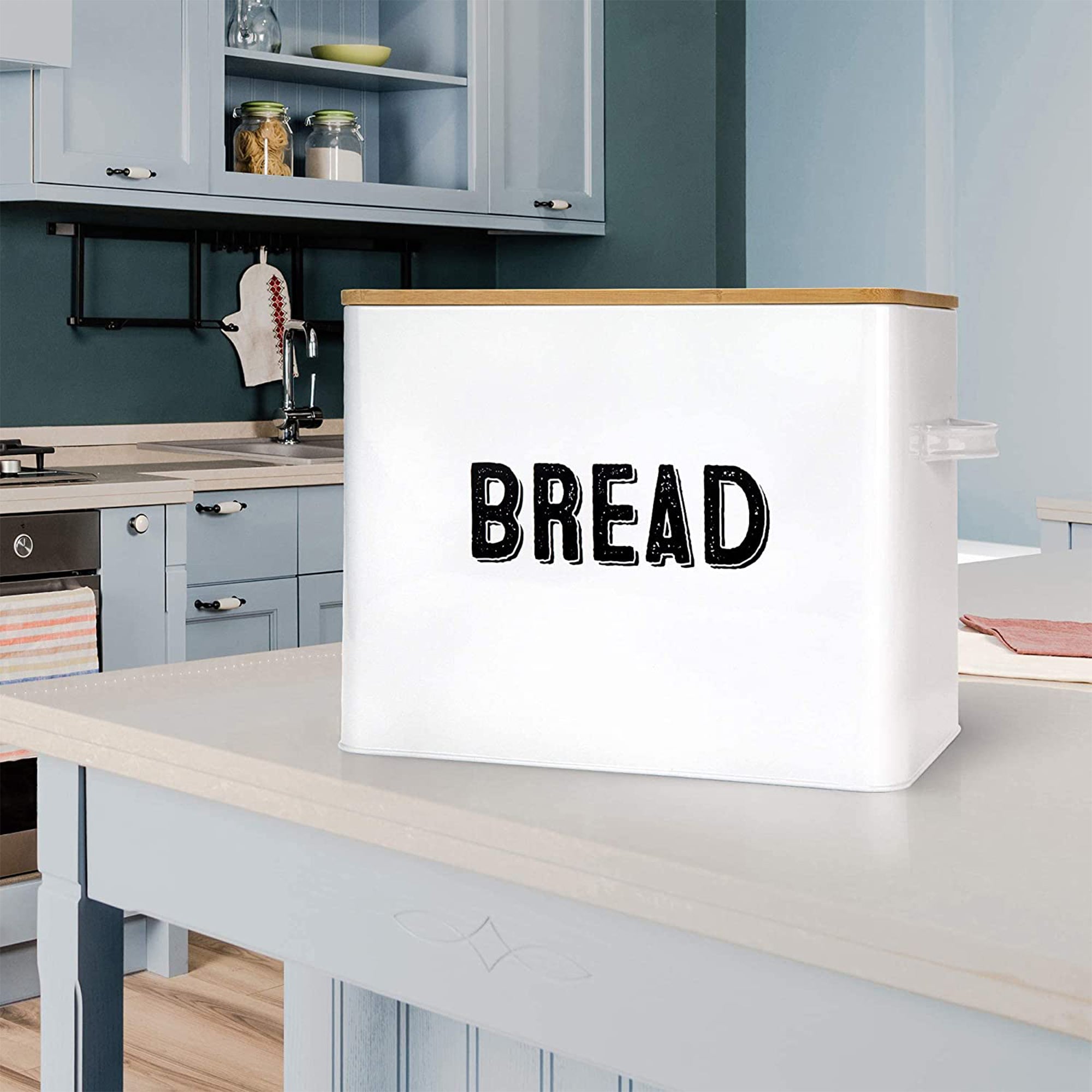 Granrosi 10" Tall Metal Bread Box Storage Container w/Bamboo Wooden Lid, White - Smart-nests
