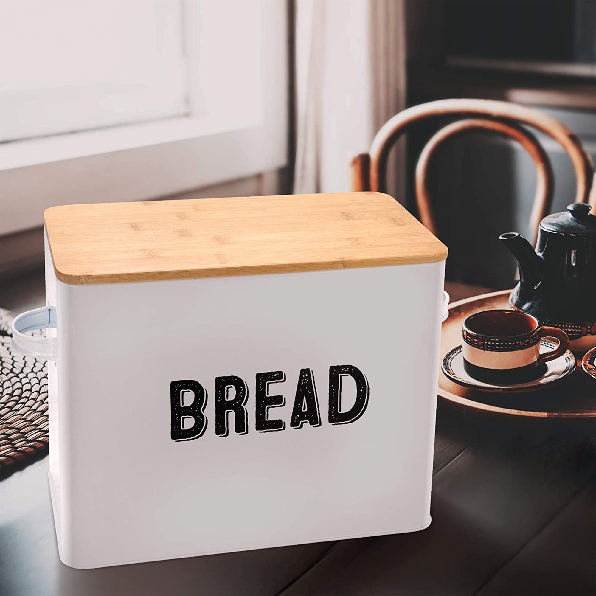 10" Tall Metal Bread Box Storage Container w/Bamboo Wooden Lid, White (Used) - Smart-nests