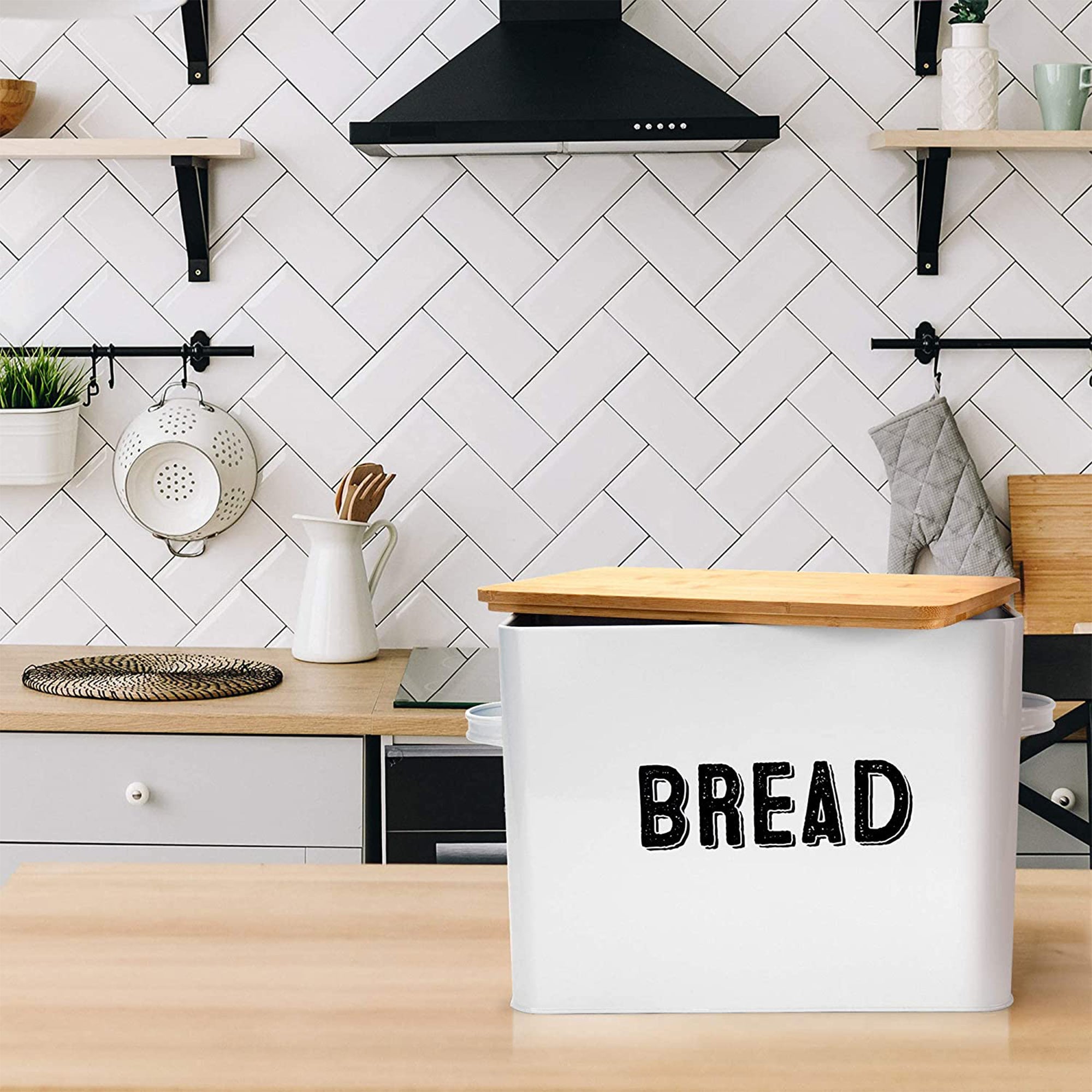 Granrosi 10" Tall Metal Bread Box Storage Container w/Bamboo Wooden Lid, White - Smart-nests