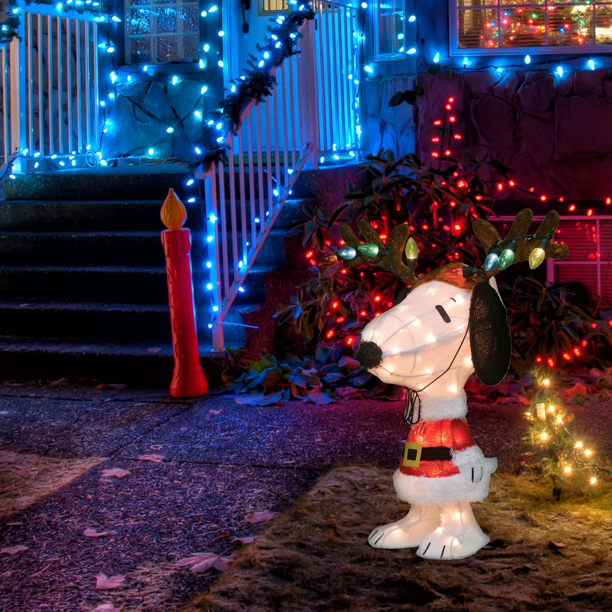 ProductWorks Peanuts 26" Snoopy Santa Coat & Antlers Prelit Christmas Yard Decor - Smart-nests