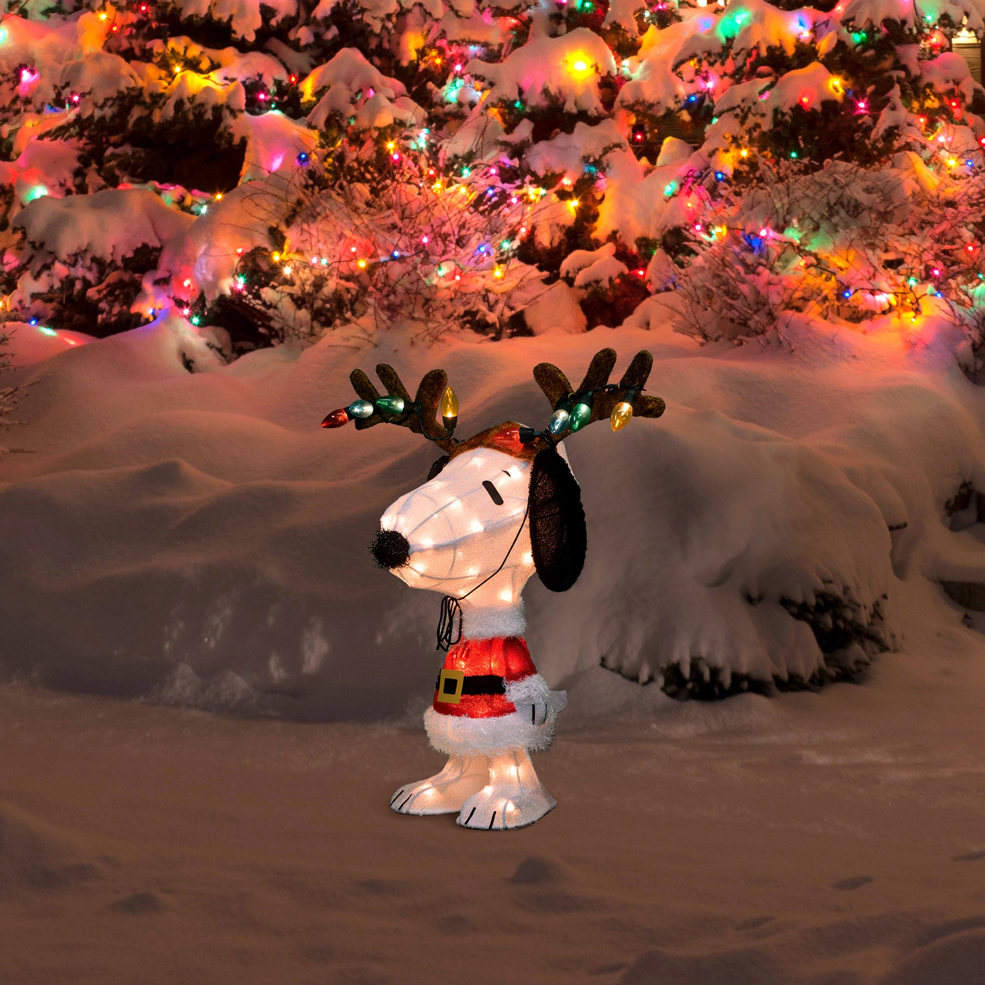 ProductWorks Peanuts 26" Snoopy Santa Coat & Antlers Prelit Christmas Yard Decor - Smart-nests