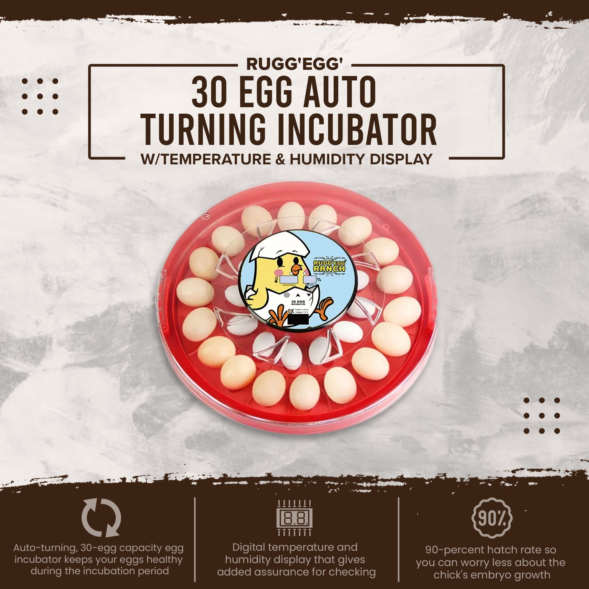 Rugg'EGG' Ranch 30 Egg Auto Turning Incubator w/Temperature & Humidity Display - Smart-nests