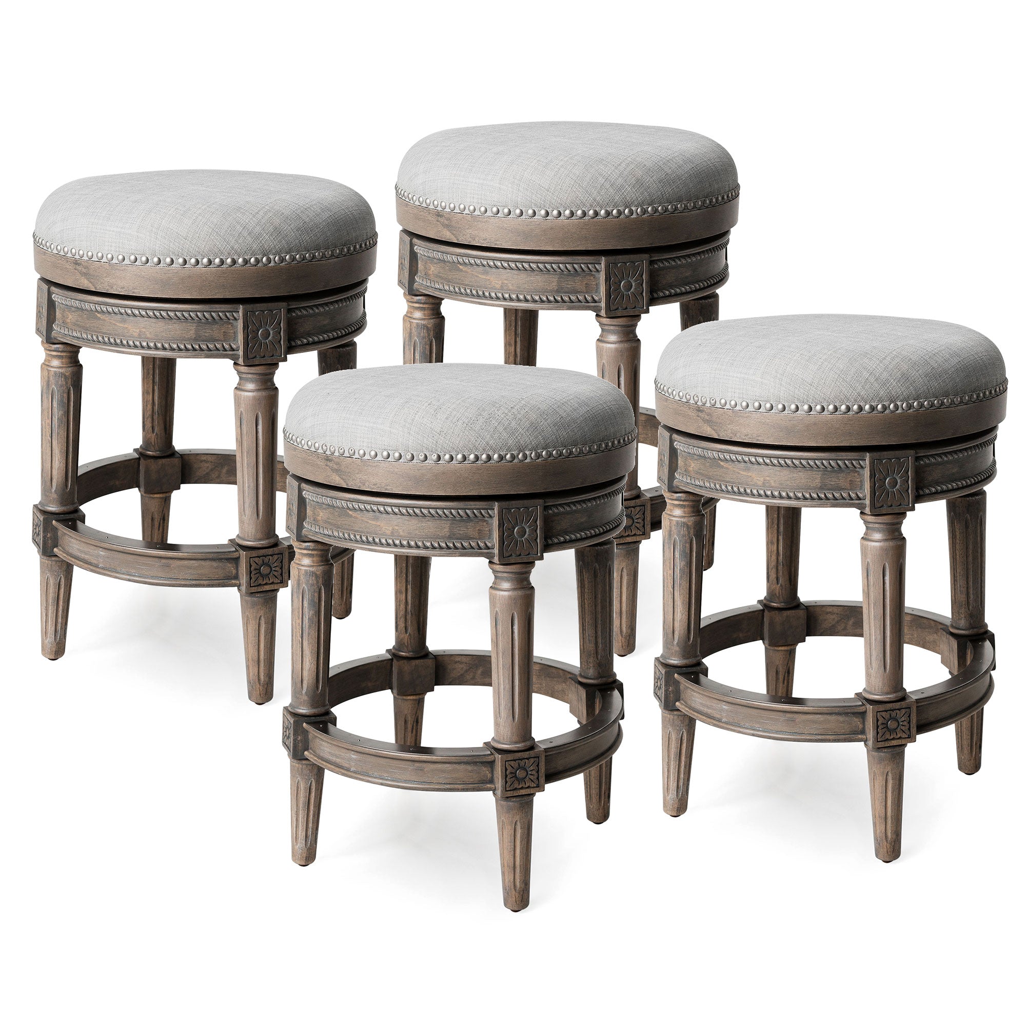 Maven Lane Pullman Backless Counter Stool in Reclaimed Oak Finish with Ash Grey Fabric Upholstery, Set of 4 - Smart-nests