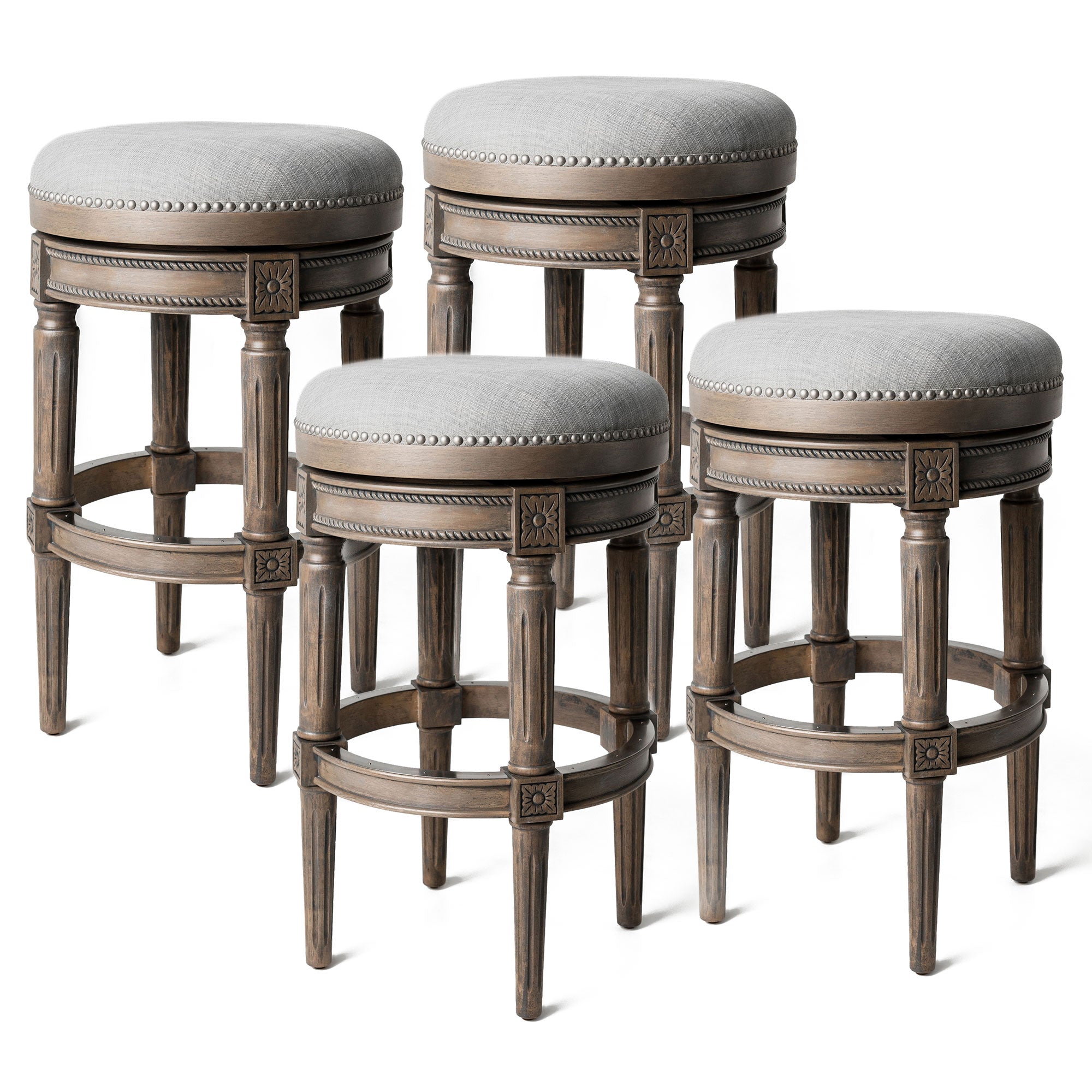 Maven Lane Pullman Backless Bar Stool in Reclaimed Oak Finish w/ Ash Grey Fabric Upholstery, Set of 4 - Smart-nests